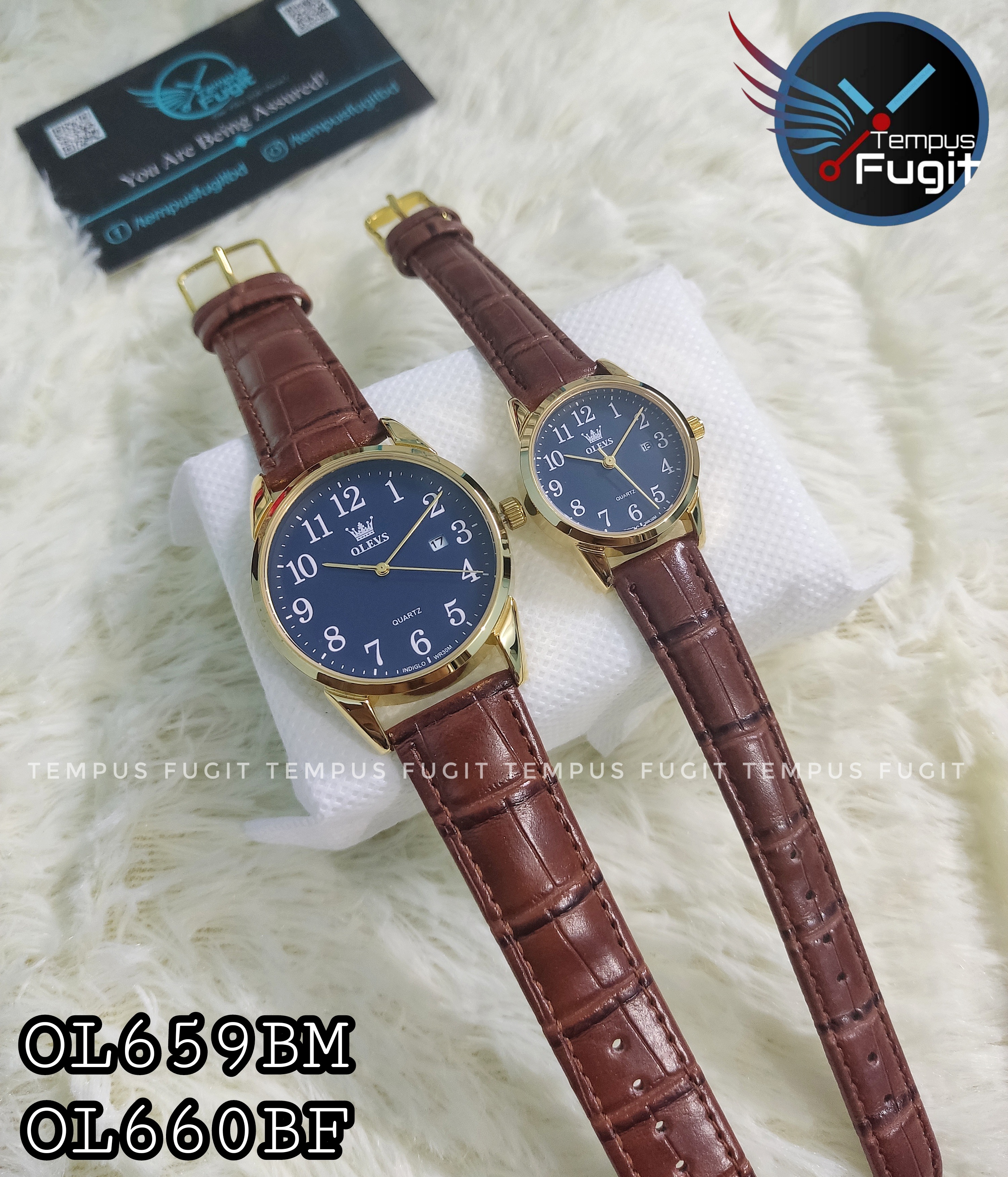 OLEVS 5566 Couple belt Watches- Blue Dial- Golden Bezel- Leather Color Belt- TF Code OL659BM&OL660BF_img_9