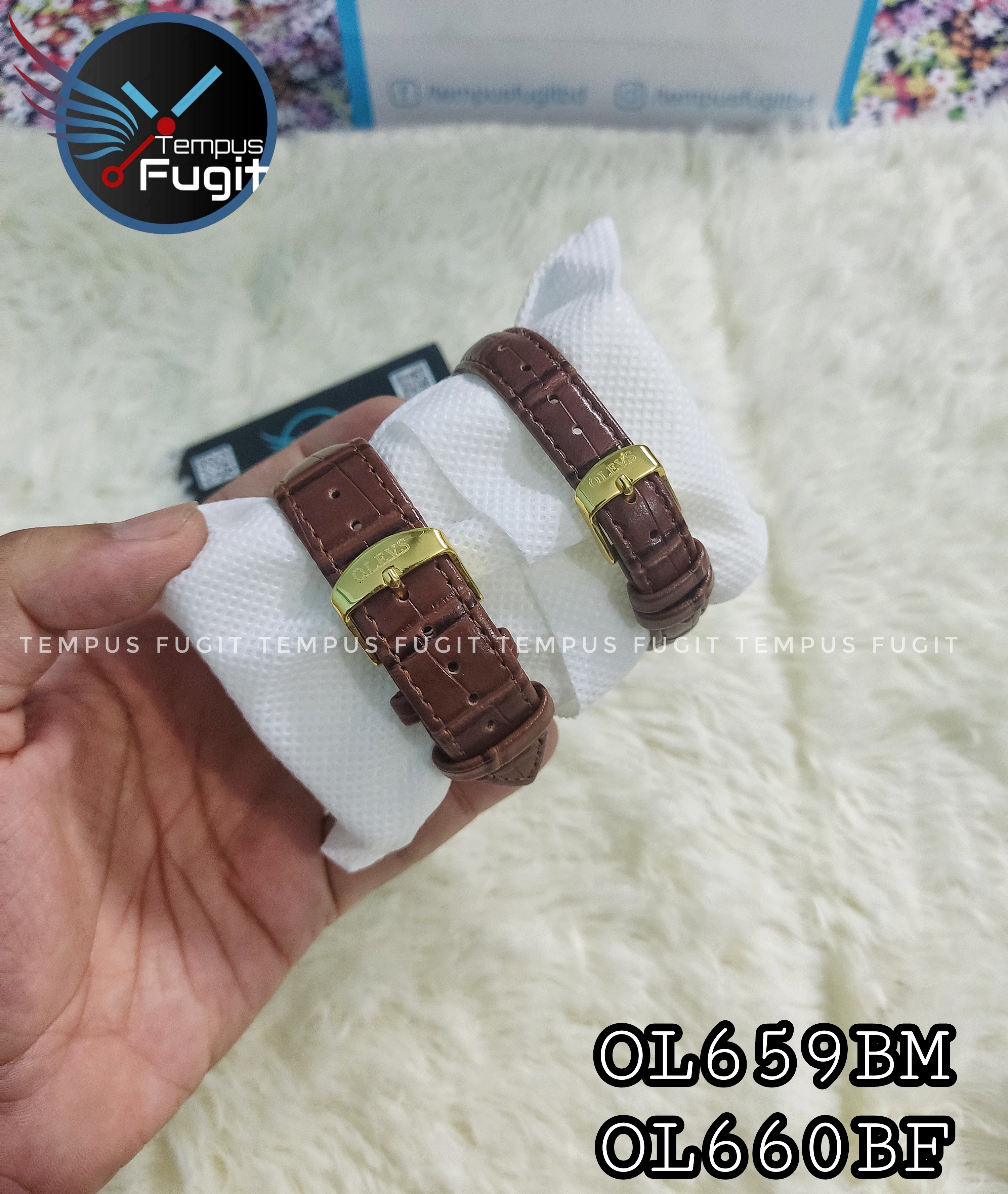 OLEVS 5566 Couple belt Watches- Blue Dial- Golden Bezel- Leather Color Belt- TF Code OL659BM&OL660BF_img_10