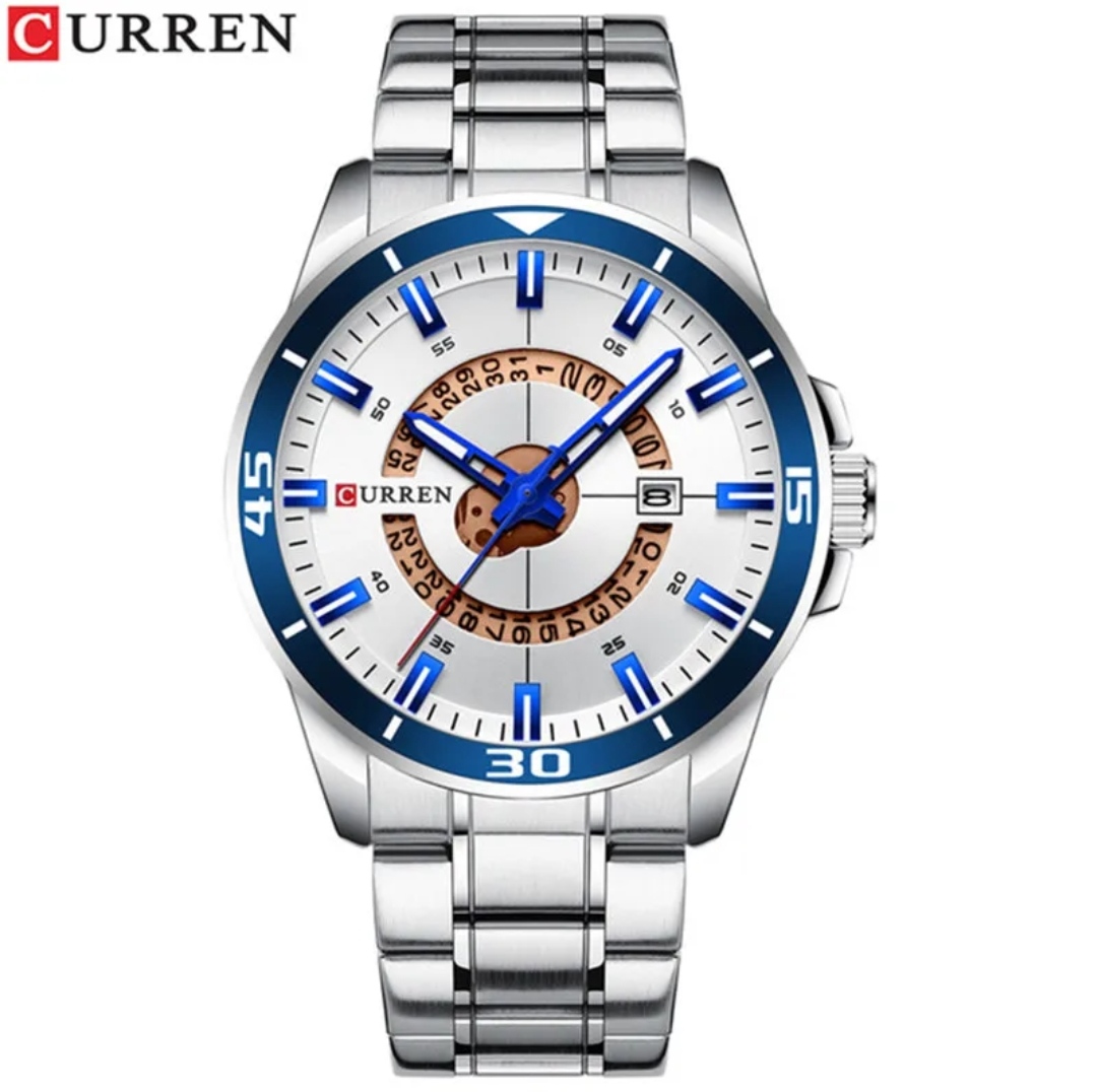 Curren 8359 Gents Chain Watch- Silver with Blue Markings Dial- Blue Bezel- Silver Chain- TF Code CR551CM_img_0