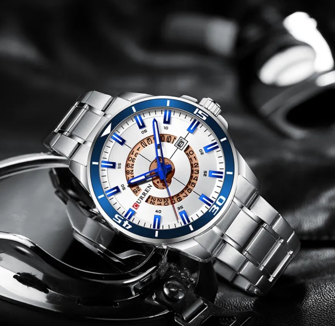 Curren 8359 Gents Chain Watch- Silver with Blue Markings Dial- Blue Bezel- Silver Chain- TF Code CR551CM_img_1