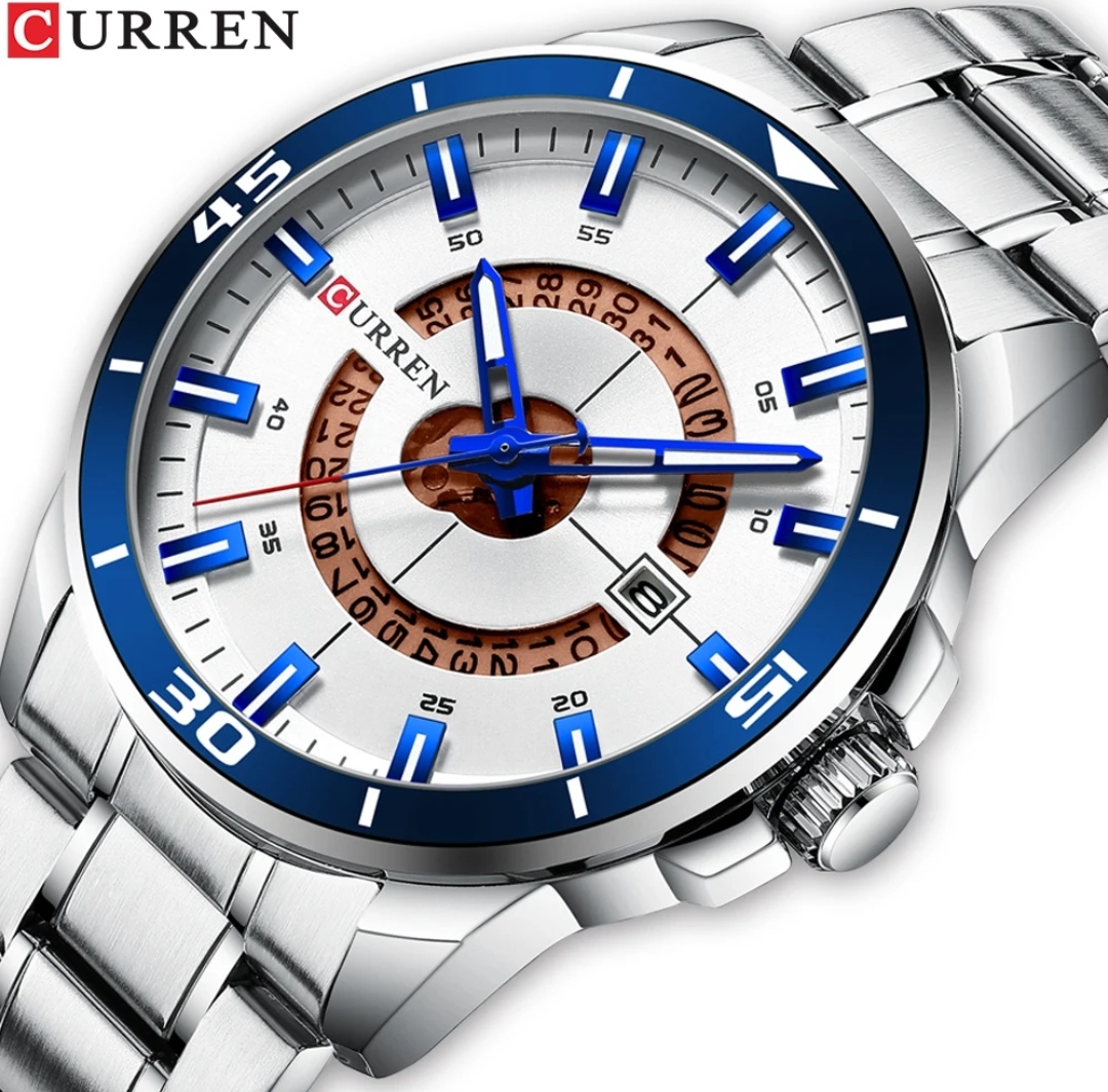 Curren 8359 Gents Chain Watch- Silver with Blue Markings Dial- Blue Bezel- Silver Chain- TF Code CR551CM_img_2