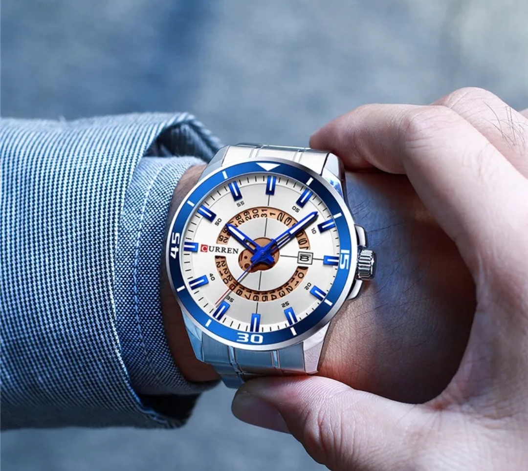 Curren 8359 Gents Chain Watch- Silver with Blue Markings Dial- Blue Bezel- Silver Chain- TF Code CR551CM_img_3