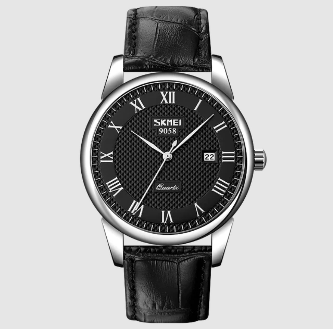 SKMEI 9058 Gents Belt Watch- Black Dial- Silver Bezel- Black Belt- TF Code SK540BM_img_0