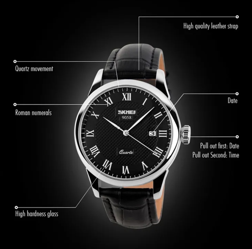 SKMEI 9058 Gents Belt Watch- Black Dial- Silver Bezel- Black Belt- TF Code SK540BM_img_1