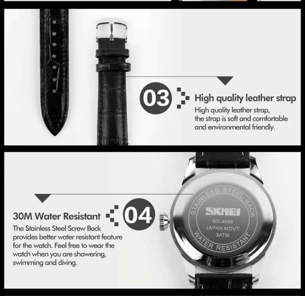 SKMEI 9058 Gents Belt Watch- Black Dial- Silver Bezel- Black Belt- TF Code SK540BM_img_3