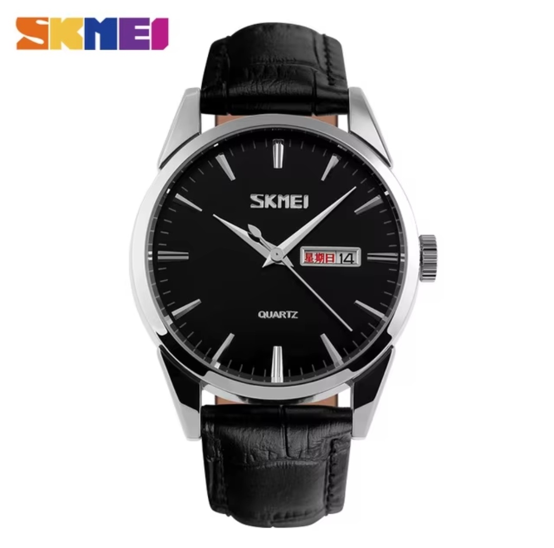 SKMEI 9073 Gents Belt Watch- Black Dial- Silver Bezel- Black Belt- TF Code SK324BM_img_0