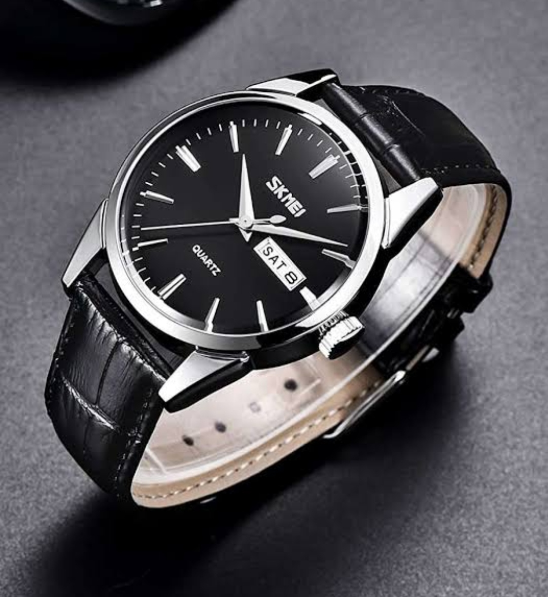 SKMEI 9073 Gents Belt Watch- Black Dial- Silver Bezel- Black Belt- TF Code SK324BM_img_1