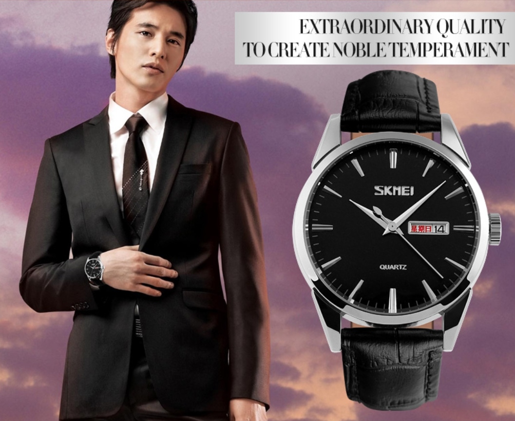 SKMEI 9073 Gents Belt Watch- Black Dial- Silver Bezel- Black Belt- TF Code SK324BM_img_2