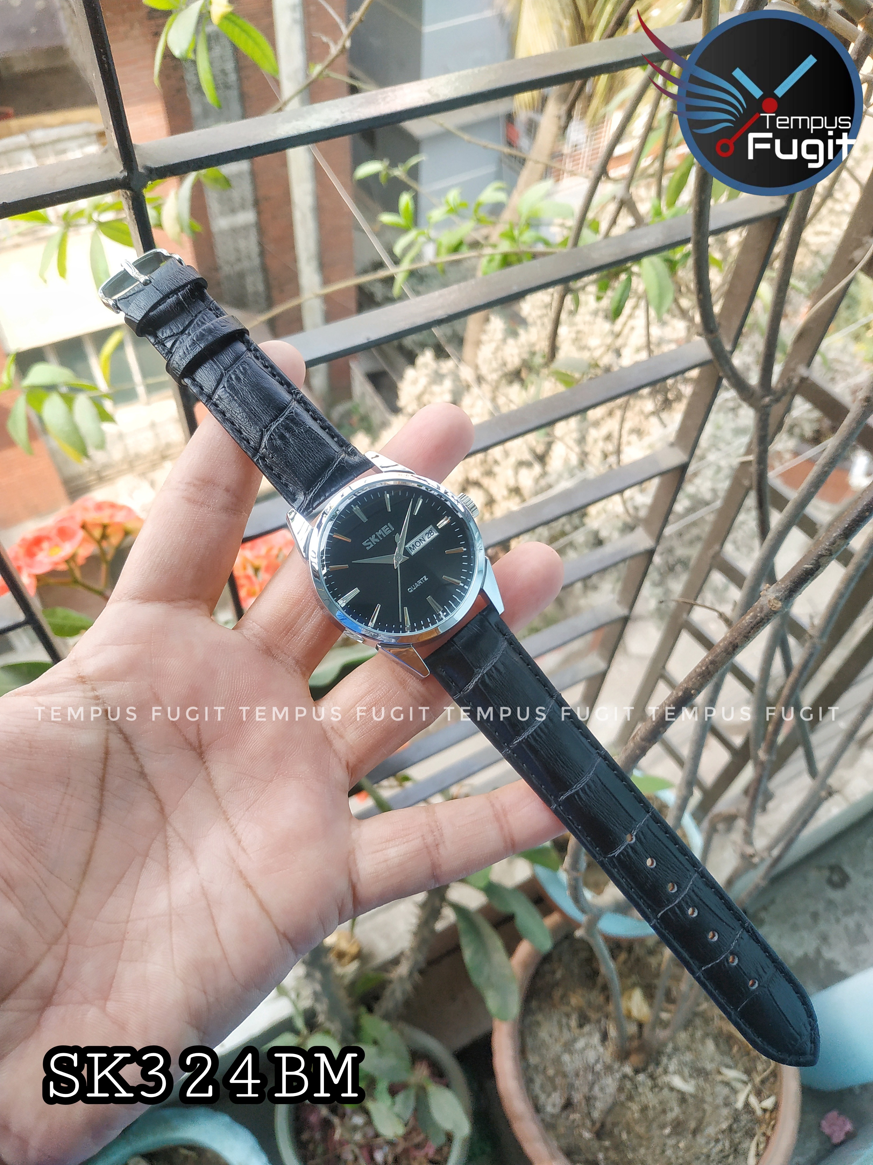 SKMEI 9073 Gents Belt Watch- Black Dial- Silver Bezel- Black Belt- TF Code SK324BM_img_3