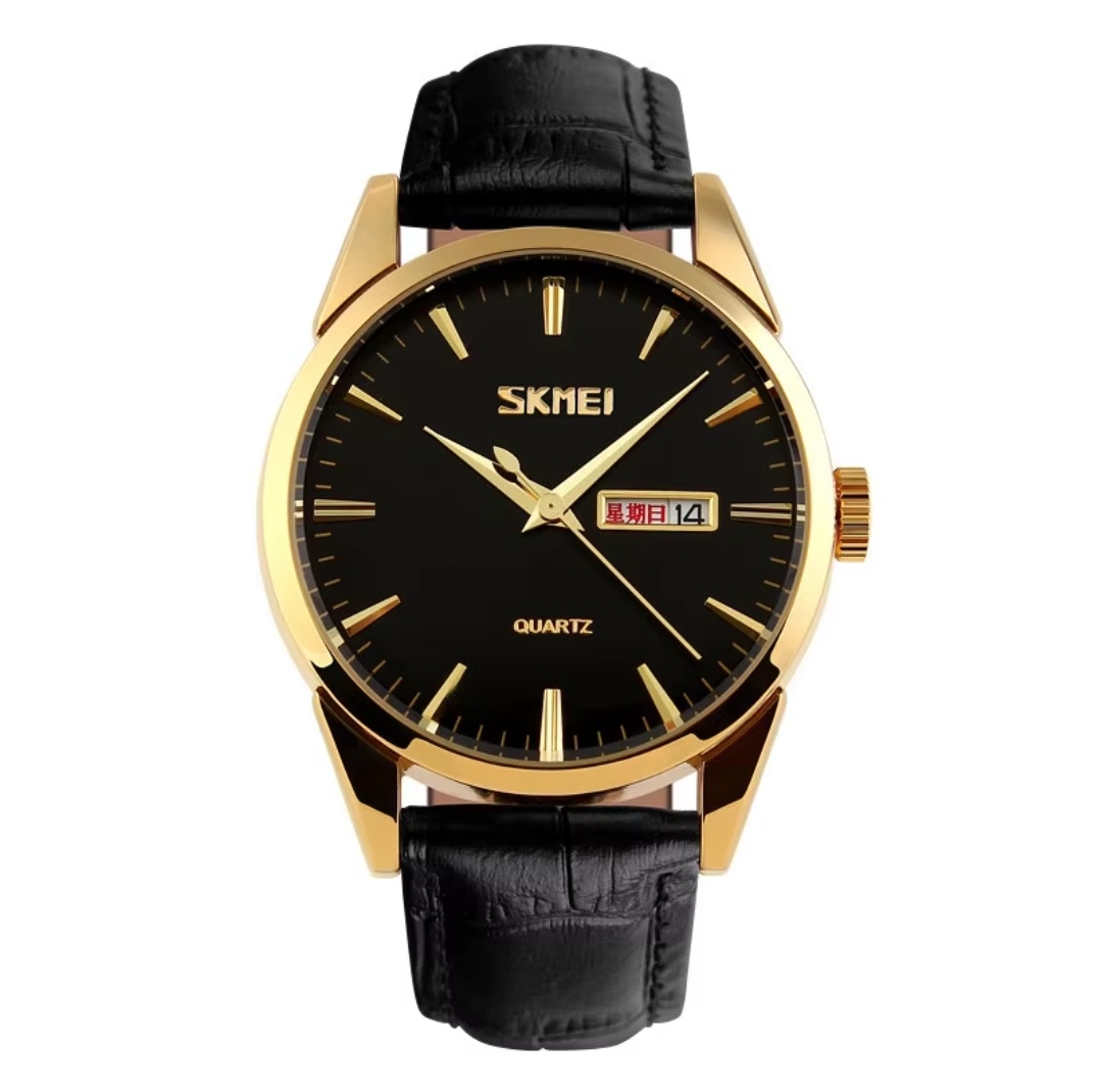 SKMEI 9073 Gents Belt Watch- Black Dial- Golden Bezel- Black Belt- TF Code SK302BM_img_0
