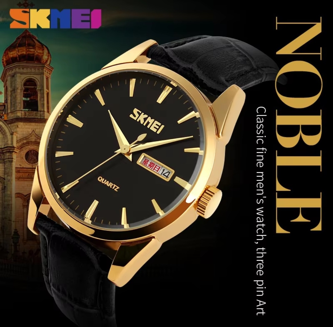 SKMEI 9073 Gents Belt Watch- Black Dial- Golden Bezel- Black Belt- TF Code SK302BM_img_1