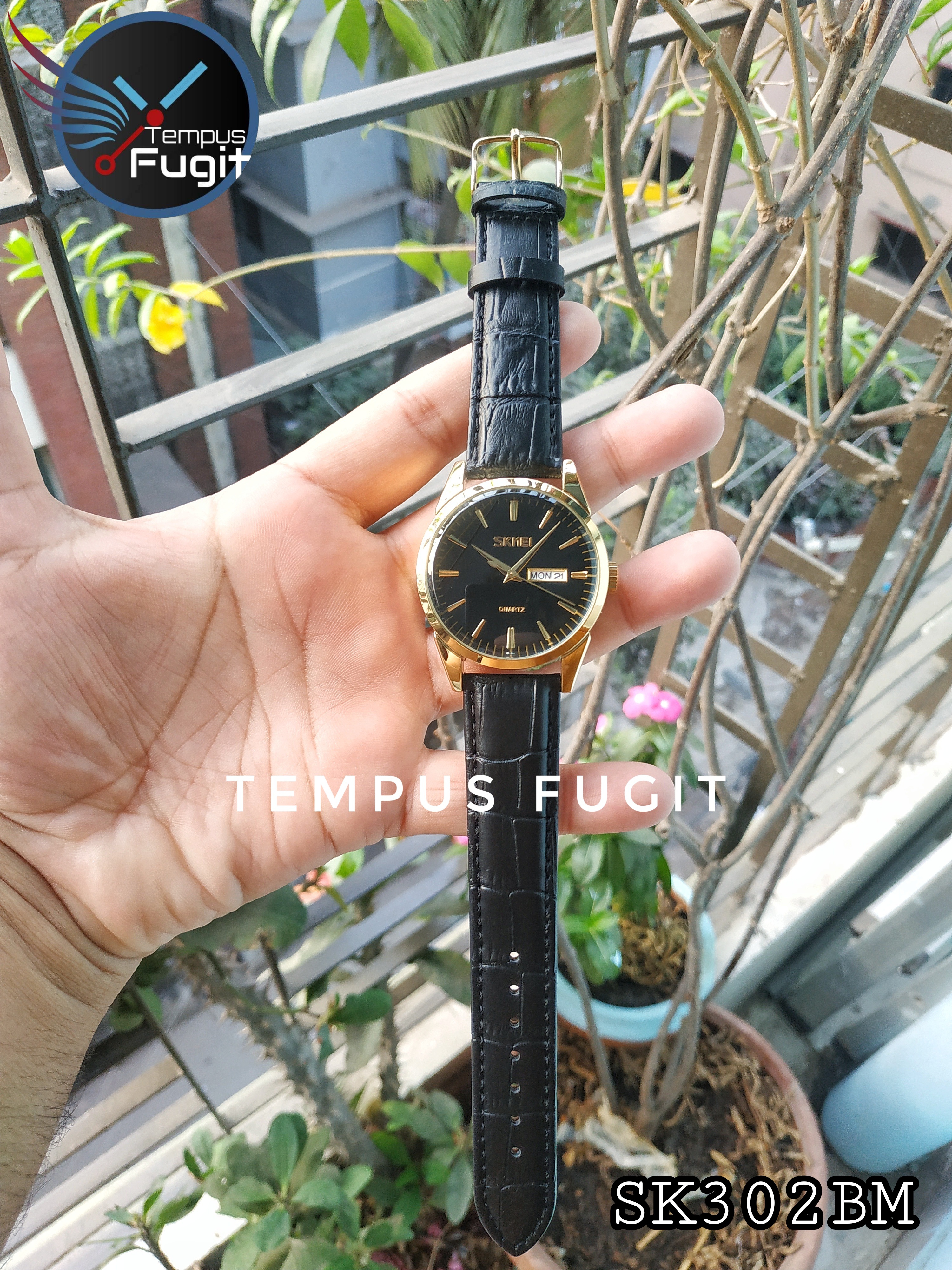 SKMEI 9073 Gents Belt Watch- Black Dial- Golden Bezel- Black Belt- TF Code SK302BM_img_2