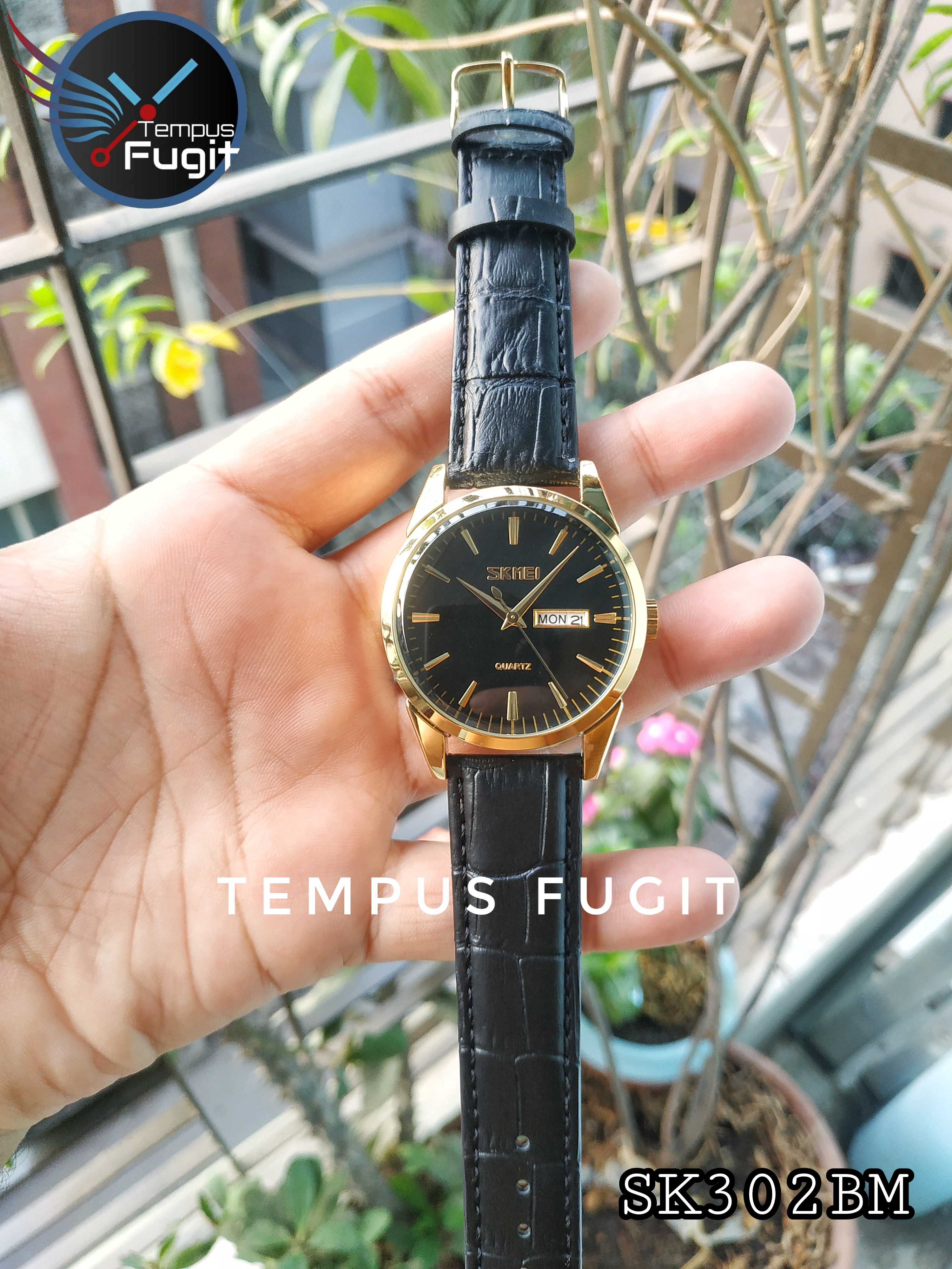 SKMEI 9073 Gents Belt Watch- Black Dial- Golden Bezel- Black Belt- TF Code SK302BM_img_3