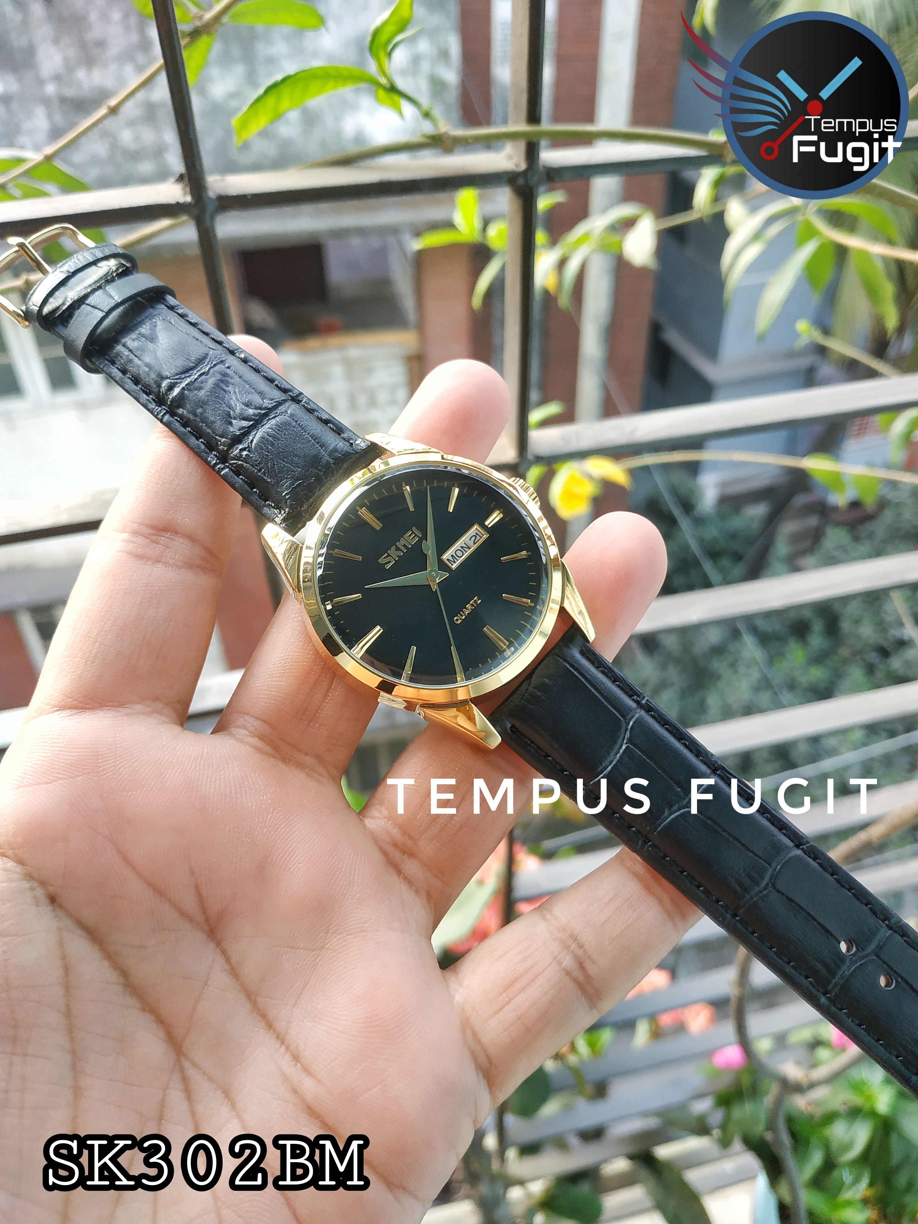 SKMEI 9073 Gents Belt Watch- Black Dial- Golden Bezel- Black Belt- TF Code SK302BM_img_4