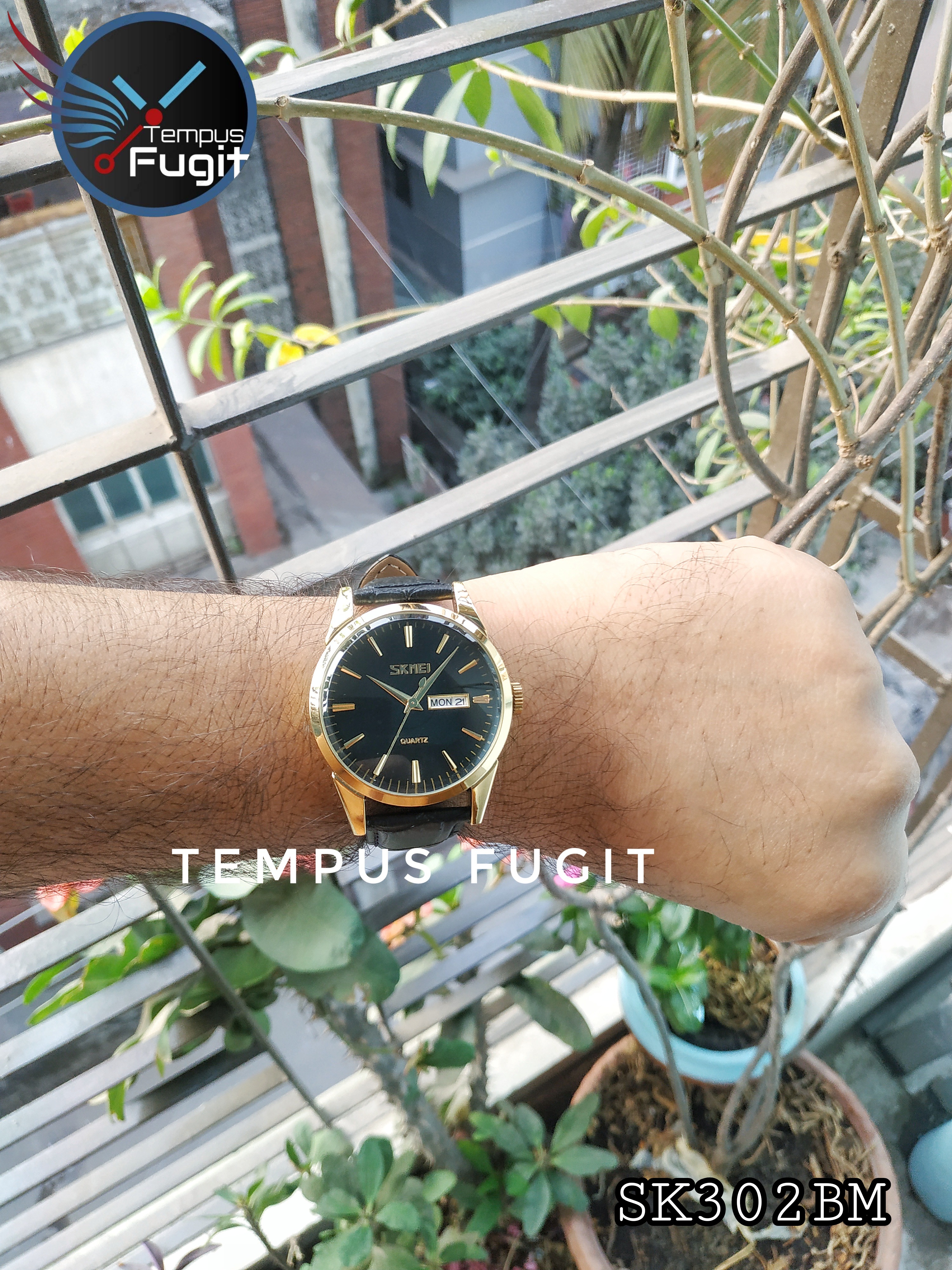 SKMEI 9073 Gents Belt Watch- Black Dial- Golden Bezel- Black Belt- TF Code SK302BM_img_5