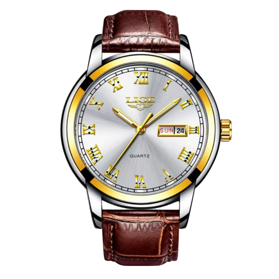 LIGE 9846 Gents Belt Watch- Silver Dial- Golden Bezel- Leather Color Belt- TF Code LG502BM_img_0