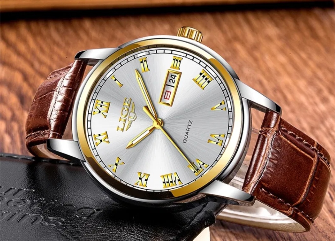 LIGE 9846 Gents Belt Watch- Silver Dial- Golden Bezel- Leather Color Belt- TF Code LG502BM_img_1