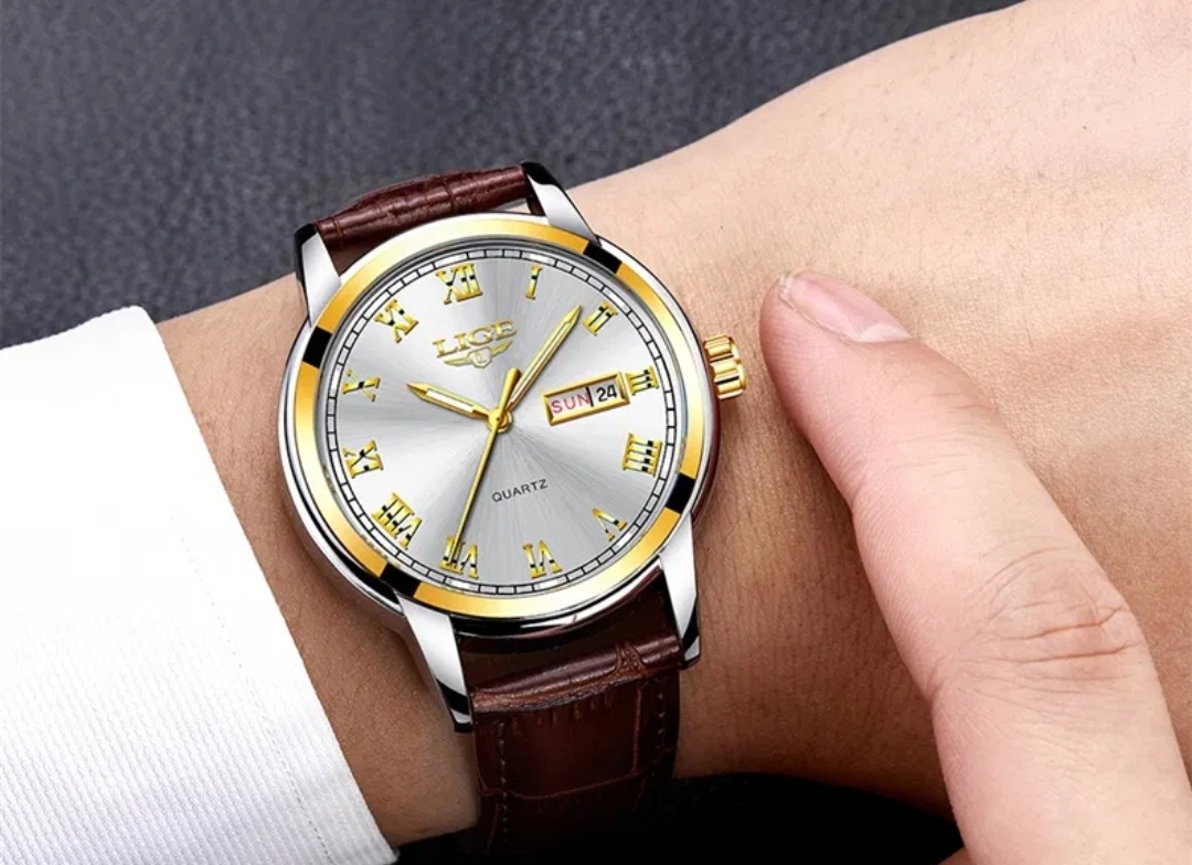 LIGE 9846 Gents Belt Watch- Silver Dial- Golden Bezel- Leather Color Belt- TF Code LG502BM_img_2