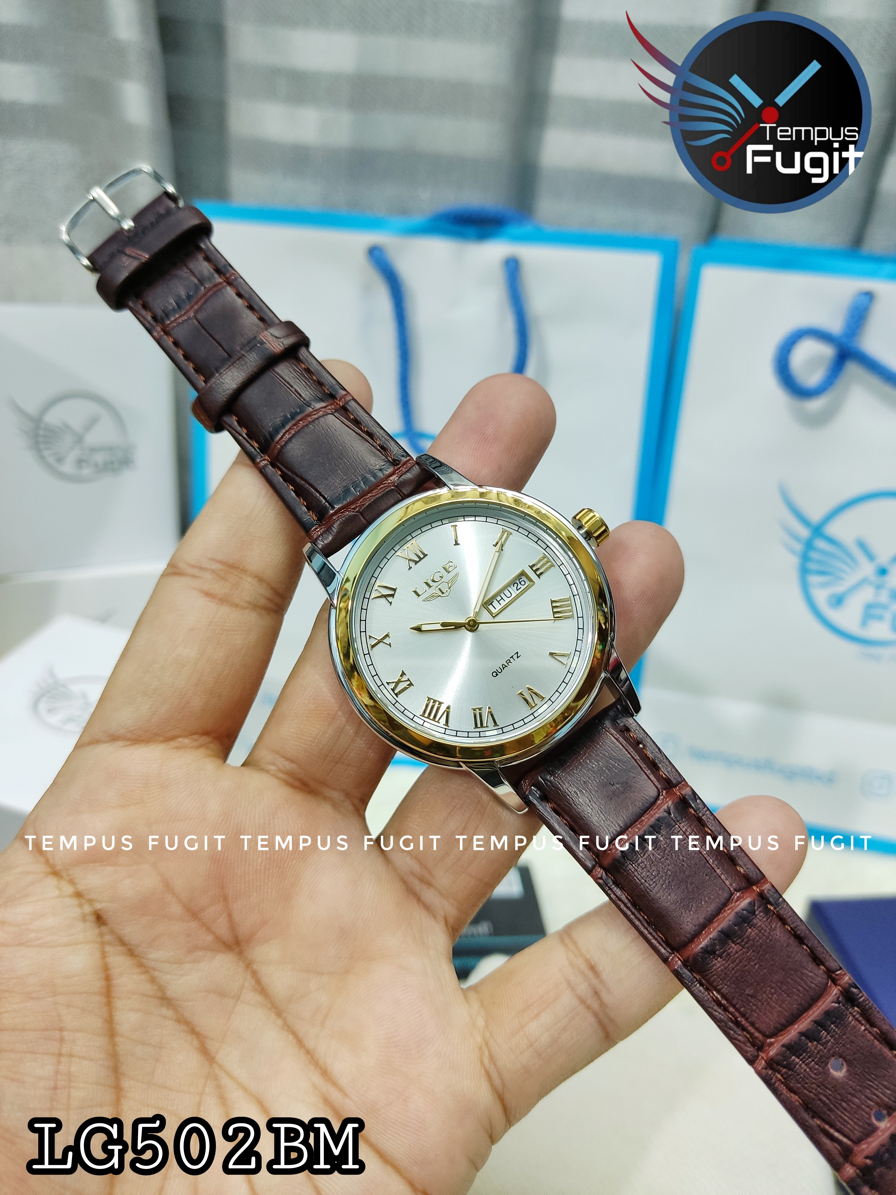 LIGE 9846 Gents Belt Watch- Silver Dial- Golden Bezel- Leather Color Belt- TF Code LG502BM_img_4