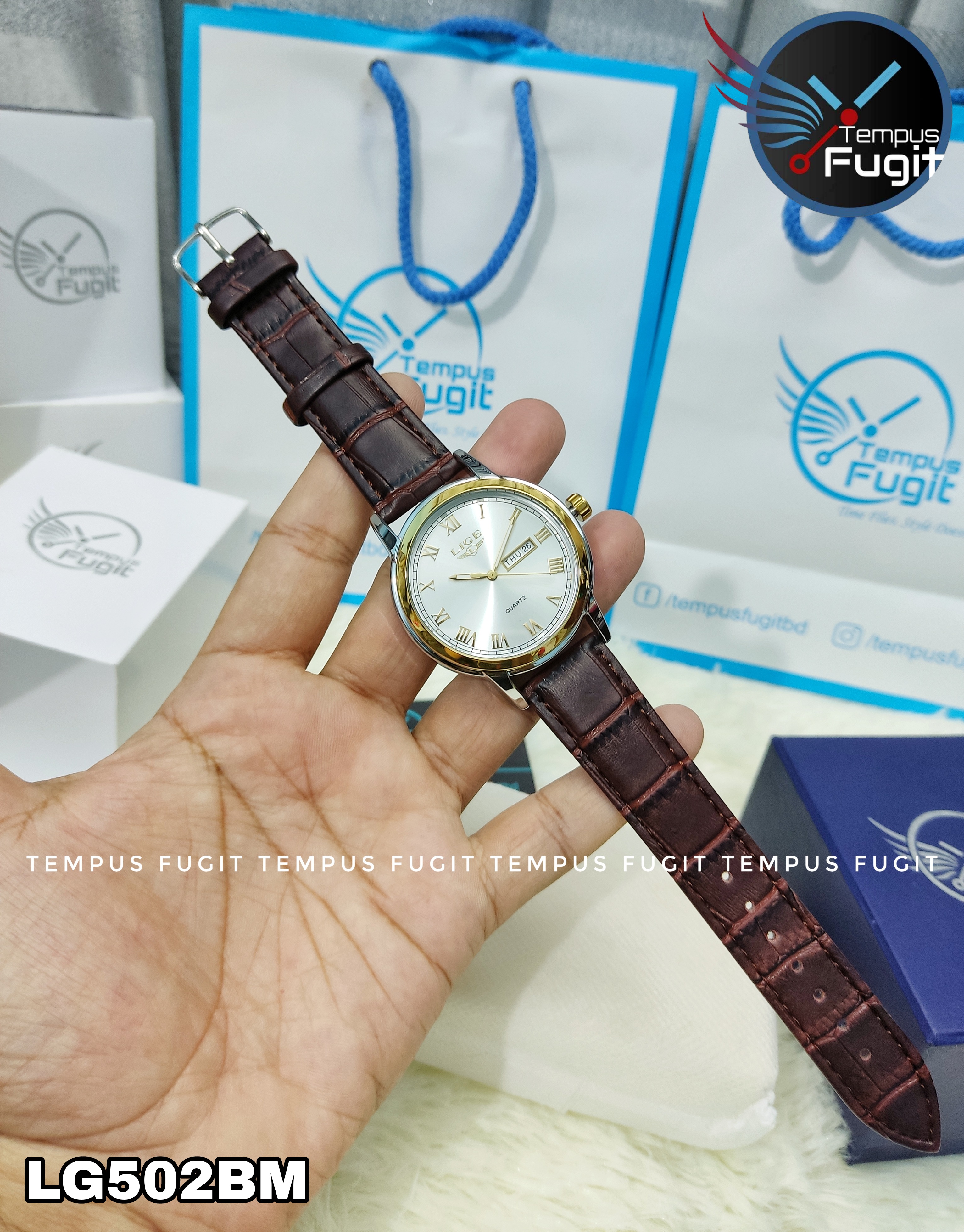 LIGE 9846 Gents Belt Watch- Silver Dial- Golden Bezel- Leather Color Belt- TF Code LG502BM_img_3