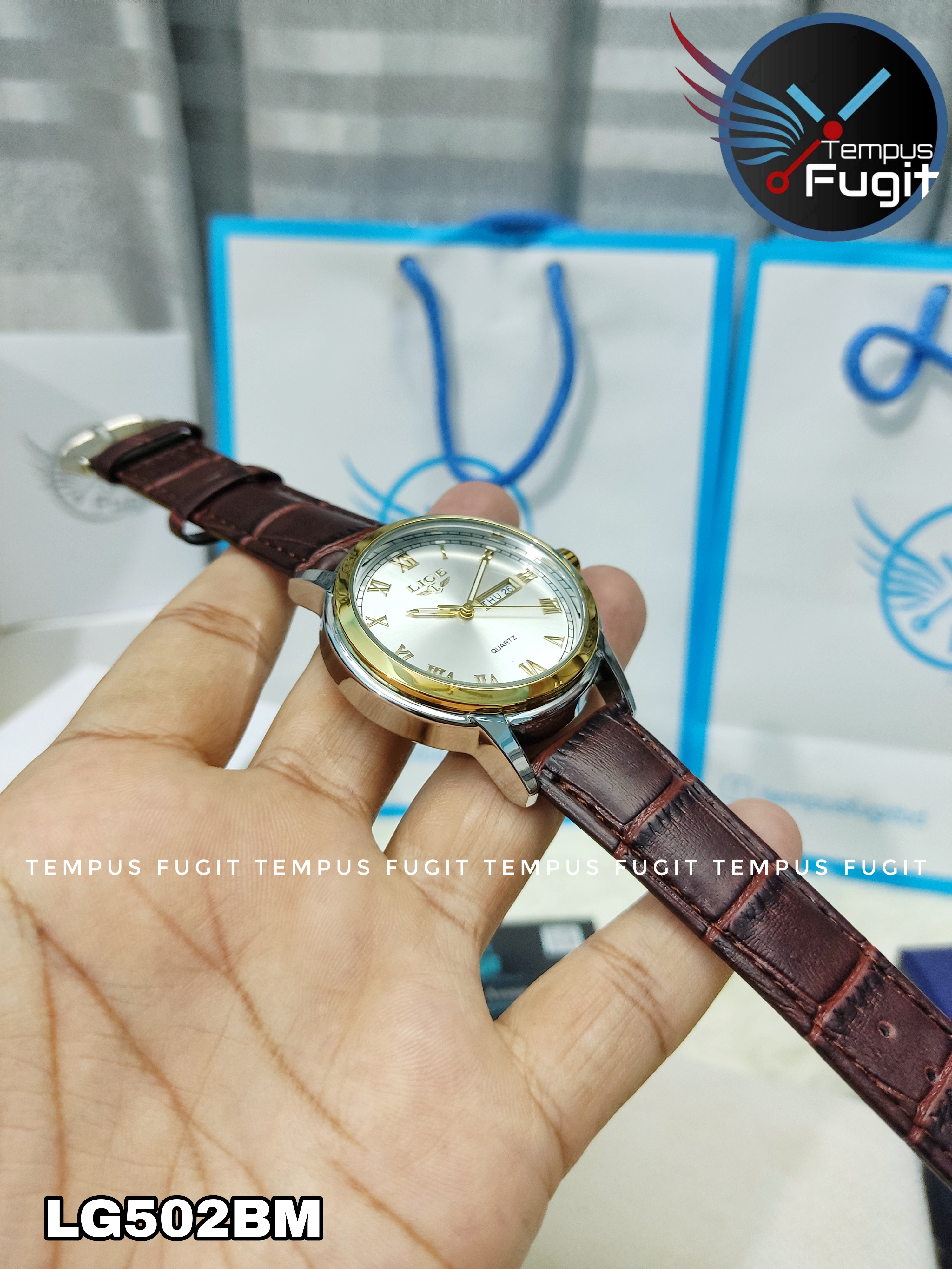 LIGE 9846 Gents Belt Watch- Silver Dial- Golden Bezel- Leather Color Belt- TF Code LG502BM_img_5