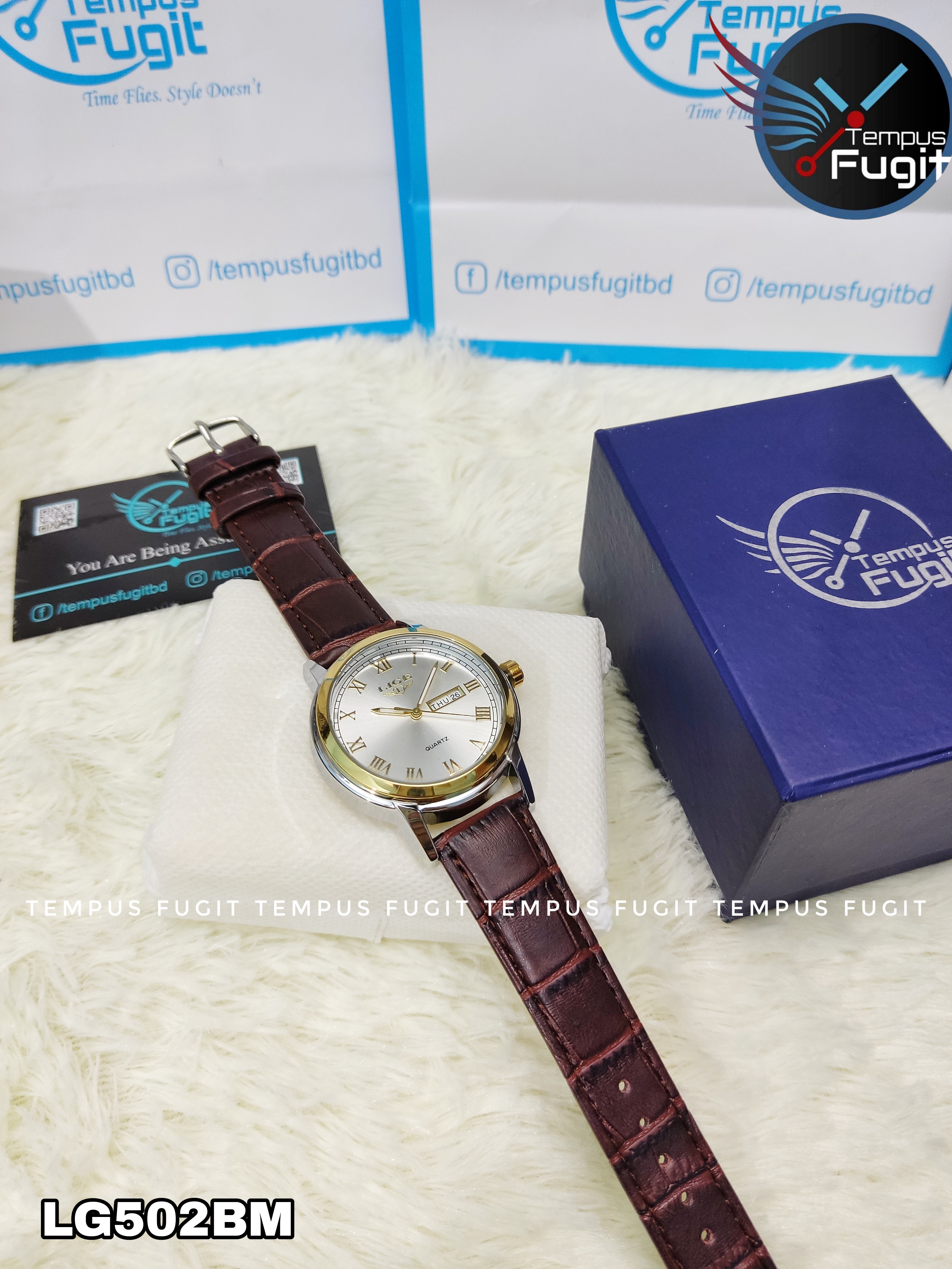 LIGE 9846 Gents Belt Watch- Silver Dial- Golden Bezel- Leather Color Belt- TF Code LG502BM_img_6