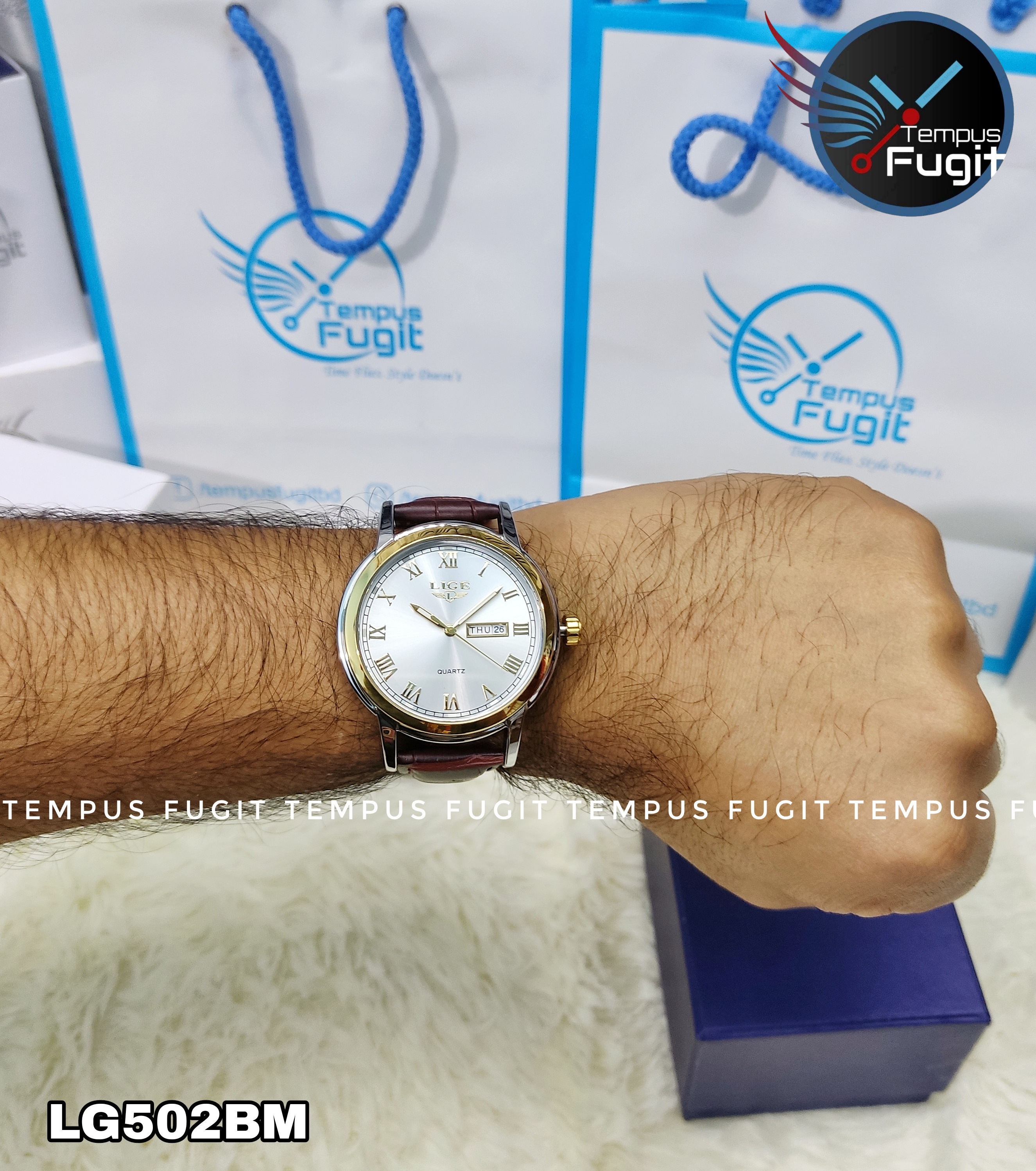 LIGE 9846 Gents Belt Watch- Silver Dial- Golden Bezel- Leather Color Belt- TF Code LG502BM_img_7