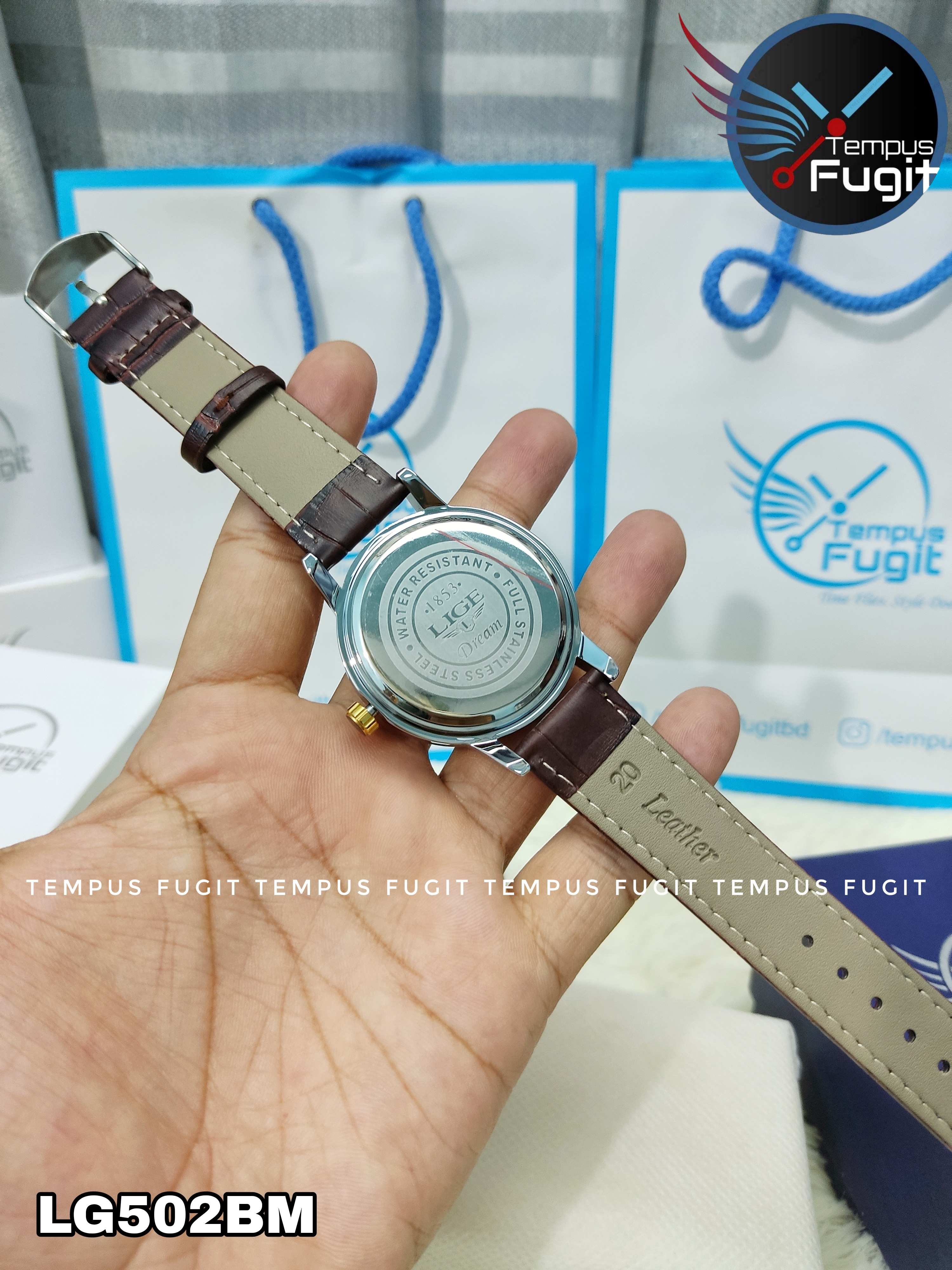 LIGE 9846 Gents Belt Watch- Silver Dial- Golden Bezel- Leather Color Belt- TF Code LG502BM_img_8