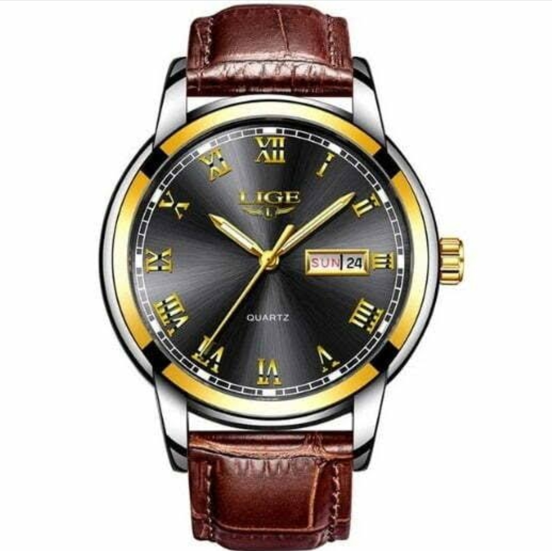 LIGE 9846 Gents Belt Watch- Black Dial- Golden Bezel- Leather Color Belt- TF Code LG504BM_img_0