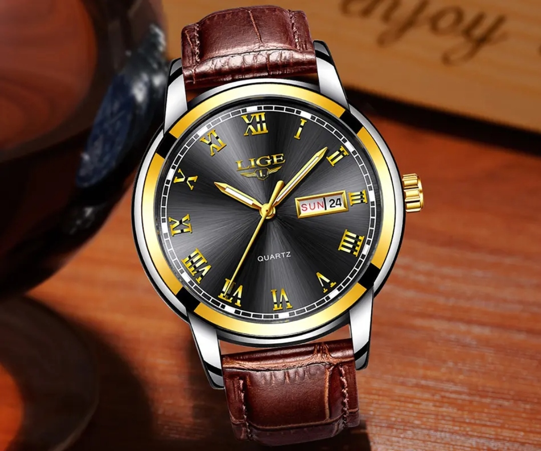 LIGE 9846 Gents Belt Watch- Black Dial- Golden Bezel- Leather Color Belt- TF Code LG504BM_img_1