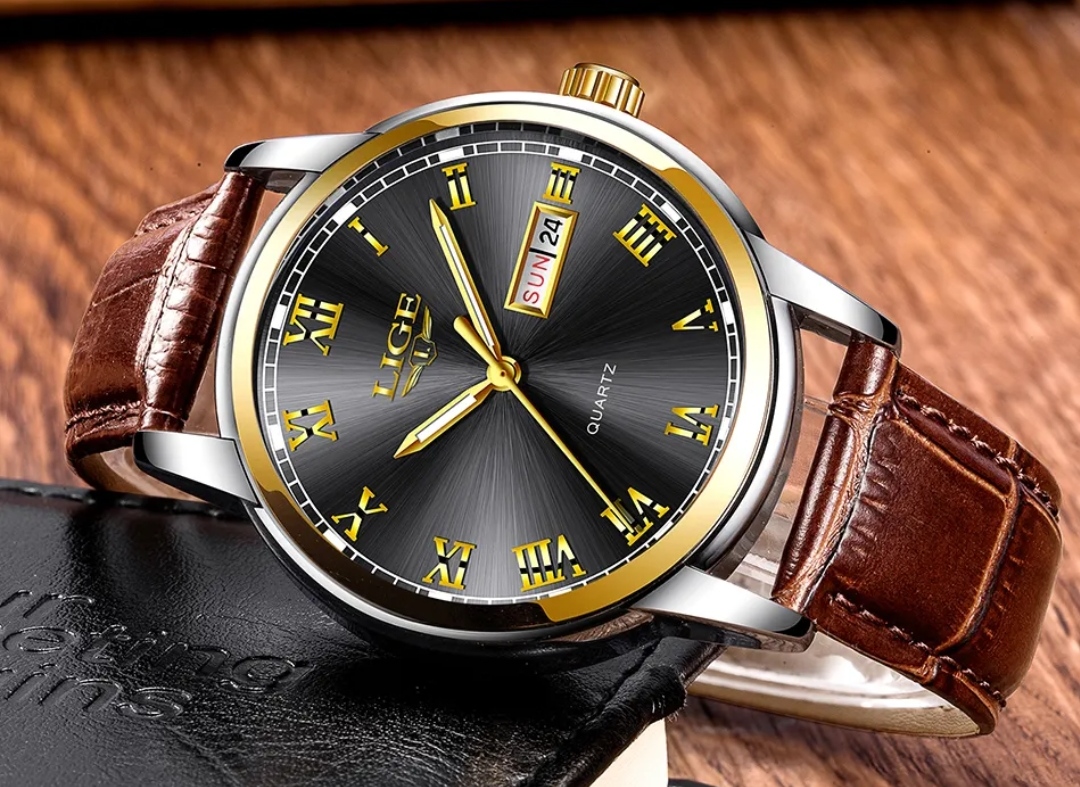LIGE 9846 Gents Belt Watch- Black Dial- Golden Bezel- Leather Color Belt- TF Code LG504BM_img_2