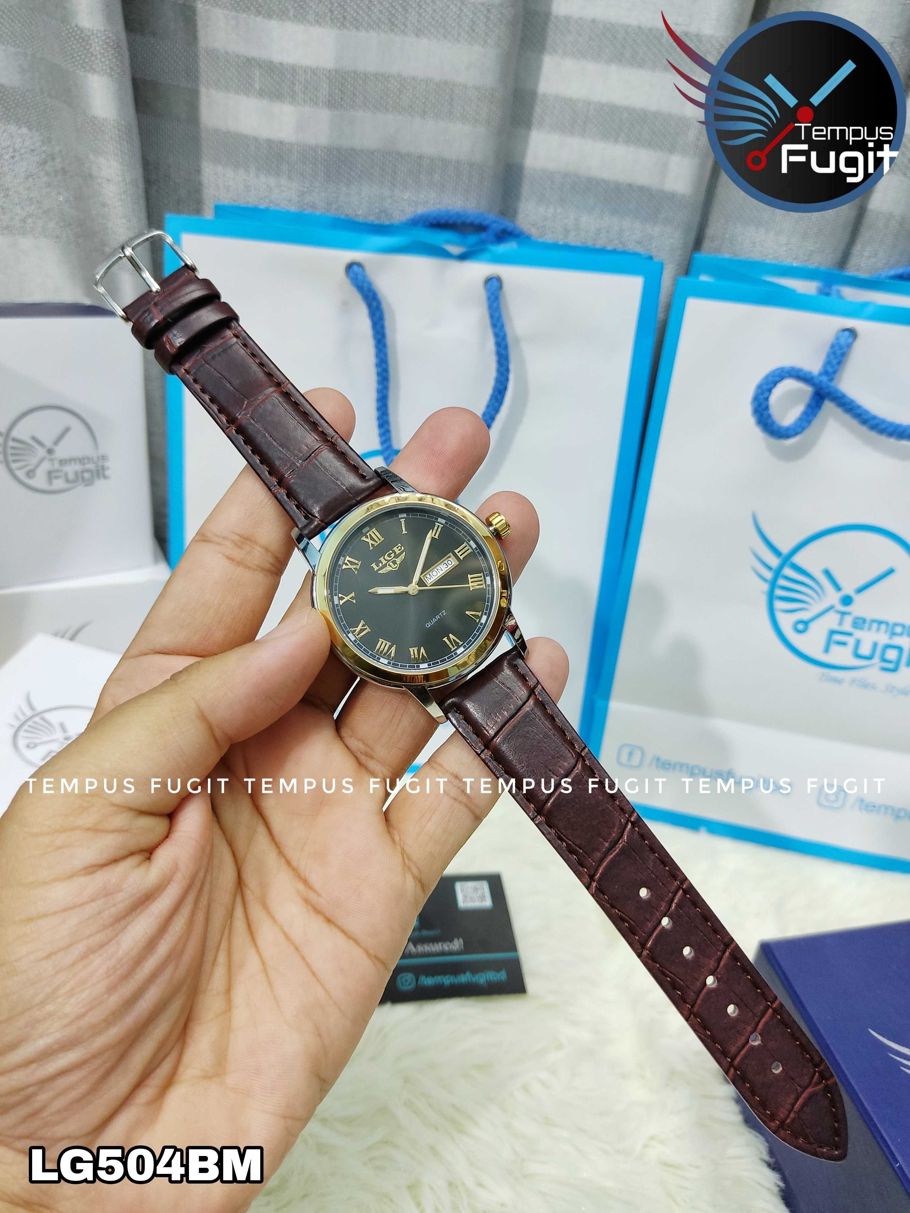 LIGE 9846 Gents Belt Watch- Black Dial- Golden Bezel- Leather Color Belt- TF Code LG504BM_img_3