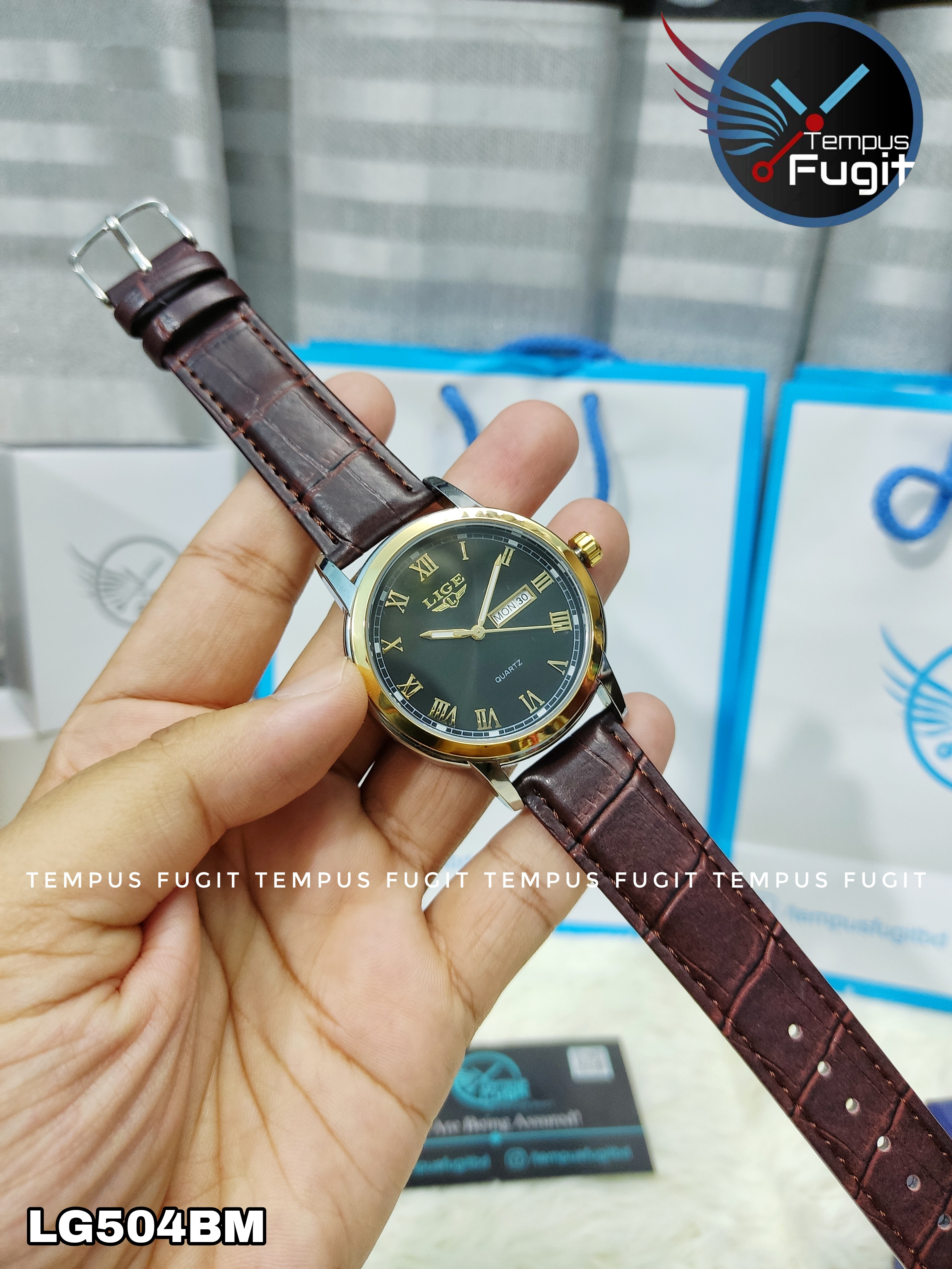 LIGE 9846 Gents Belt Watch- Black Dial- Golden Bezel- Leather Color Belt- TF Code LG504BM_img_4