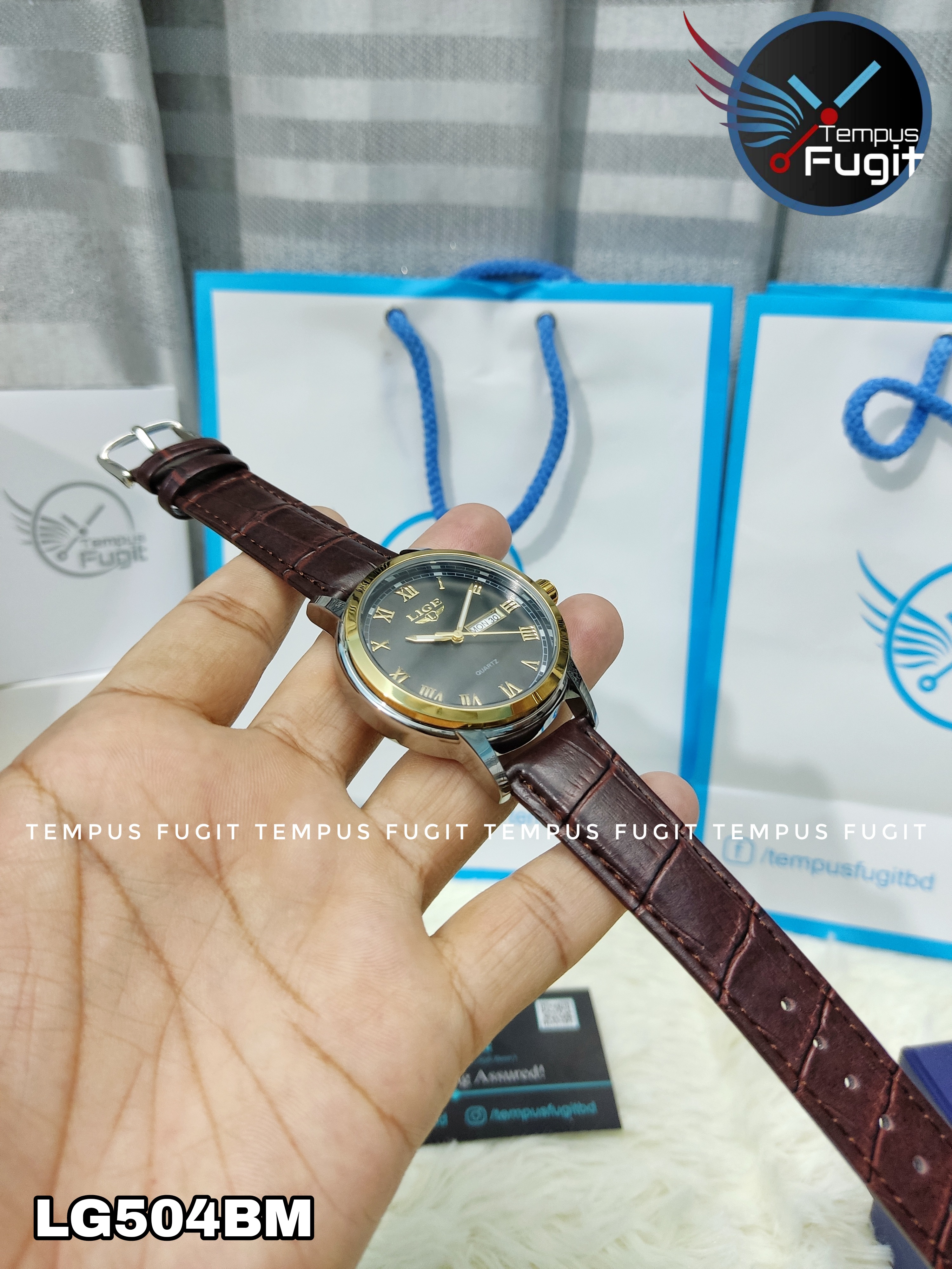 LIGE 9846 Gents Belt Watch- Black Dial- Golden Bezel- Leather Color Belt- TF Code LG504BM_img_5