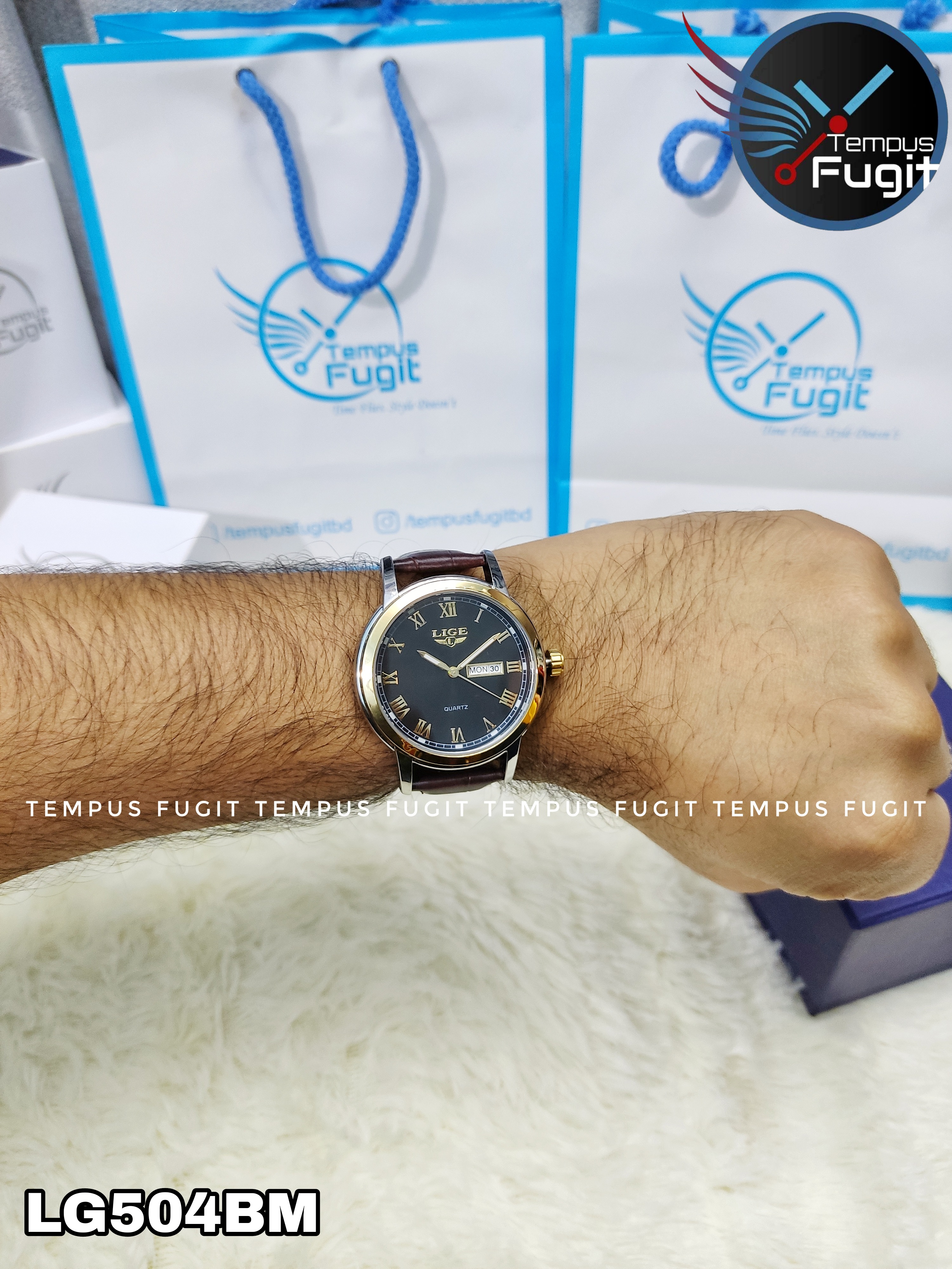 LIGE 9846 Gents Belt Watch- Black Dial- Golden Bezel- Leather Color Belt- TF Code LG504BM_img_6