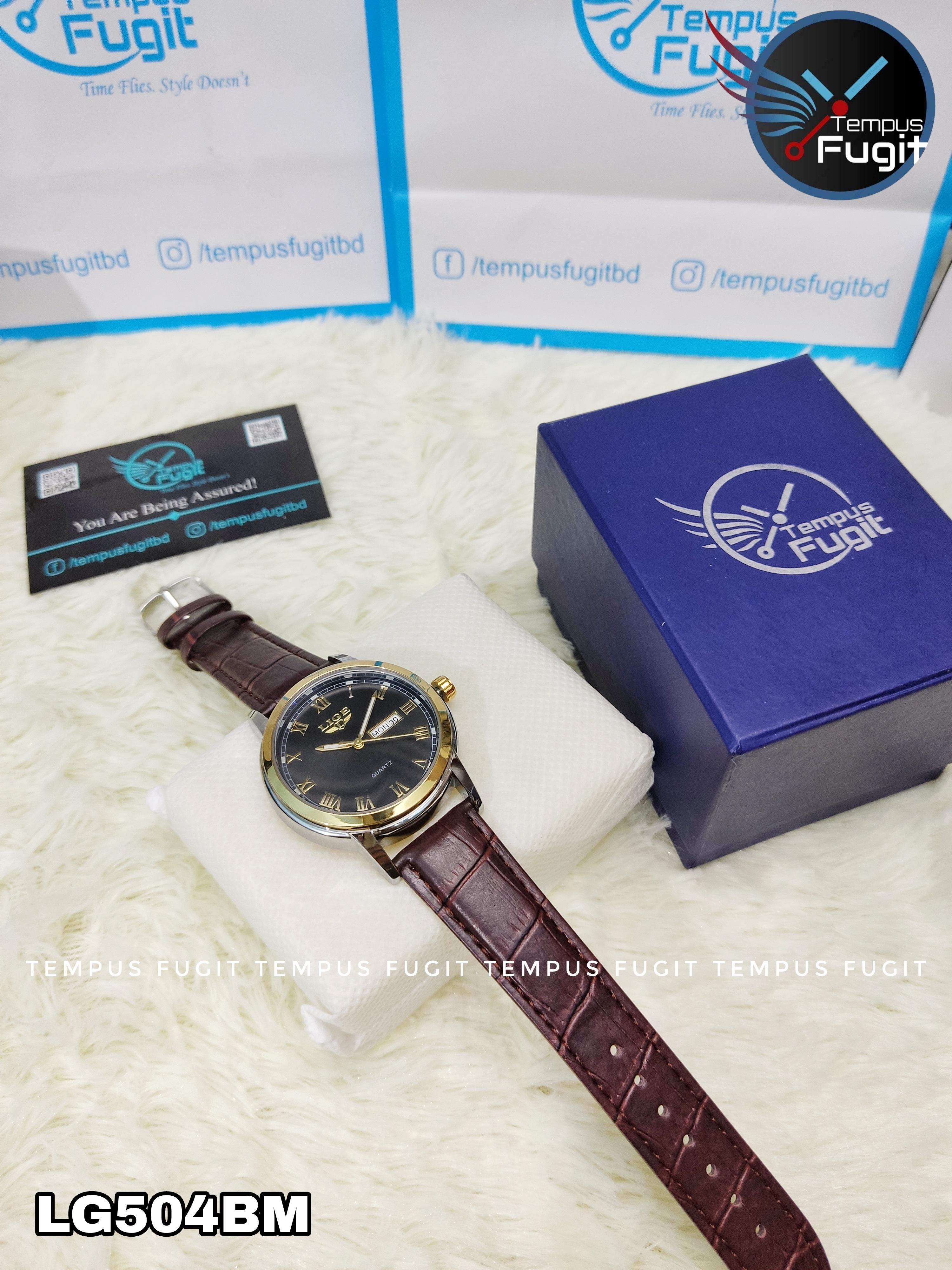 LIGE 9846 Gents Belt Watch- Black Dial- Golden Bezel- Leather Color Belt- TF Code LG504BM_img_7