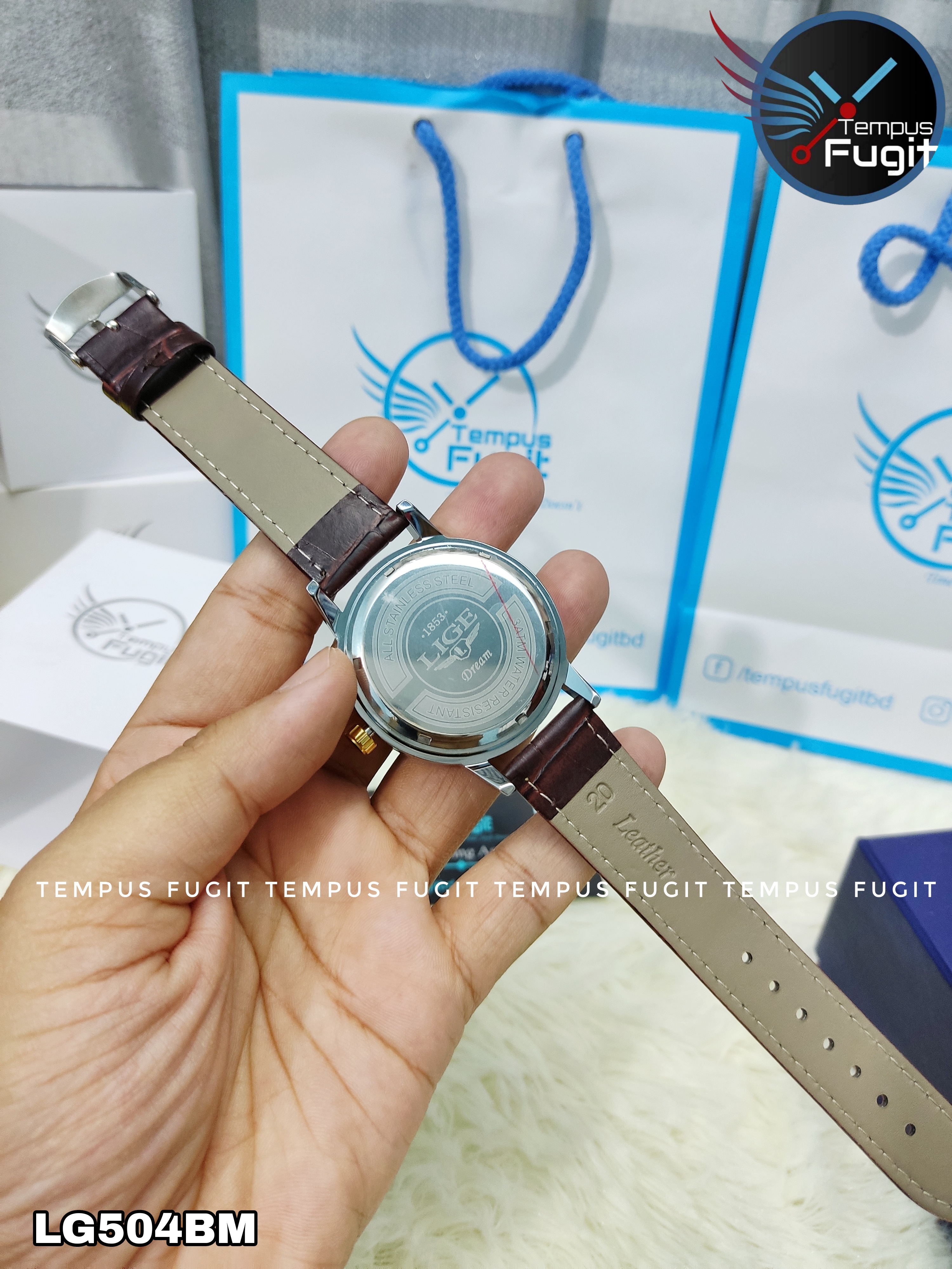 LIGE 9846 Gents Belt Watch- Black Dial- Golden Bezel- Leather Color Belt- TF Code LG504BM_img_8