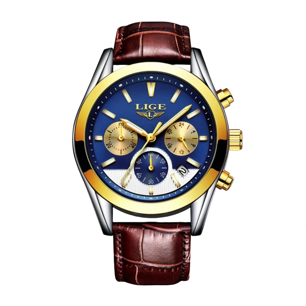 LIGE 9872 Gents Belt Watch- Blue+Golden+White Dial- Golden Bezel- Leather Color Belt- TF Code LG434BM_img_0