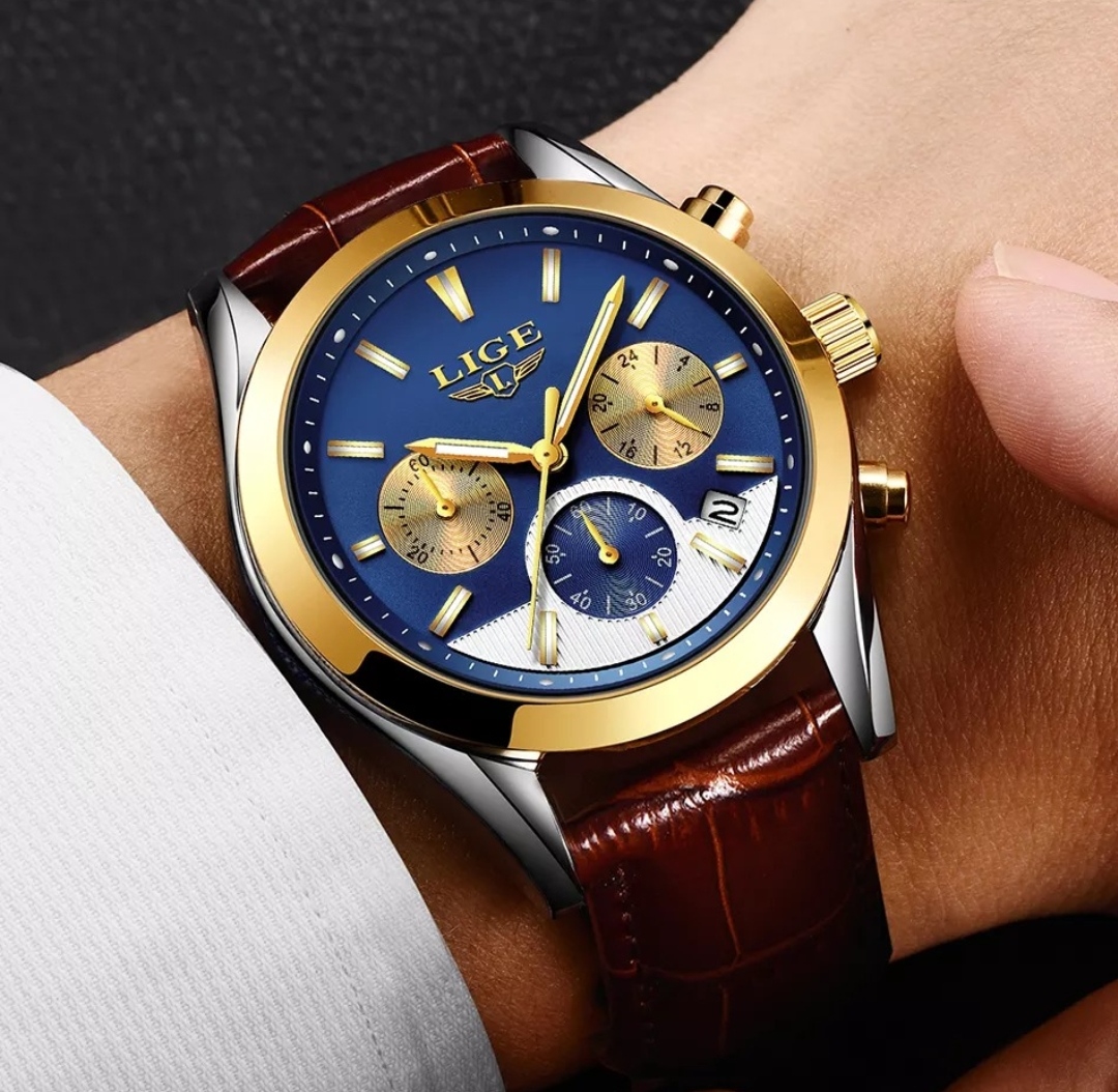 LIGE 9872 Gents Belt Watch- Blue+Golden+White Dial- Golden Bezel- Leather Color Belt- TF Code LG434BM_img_1