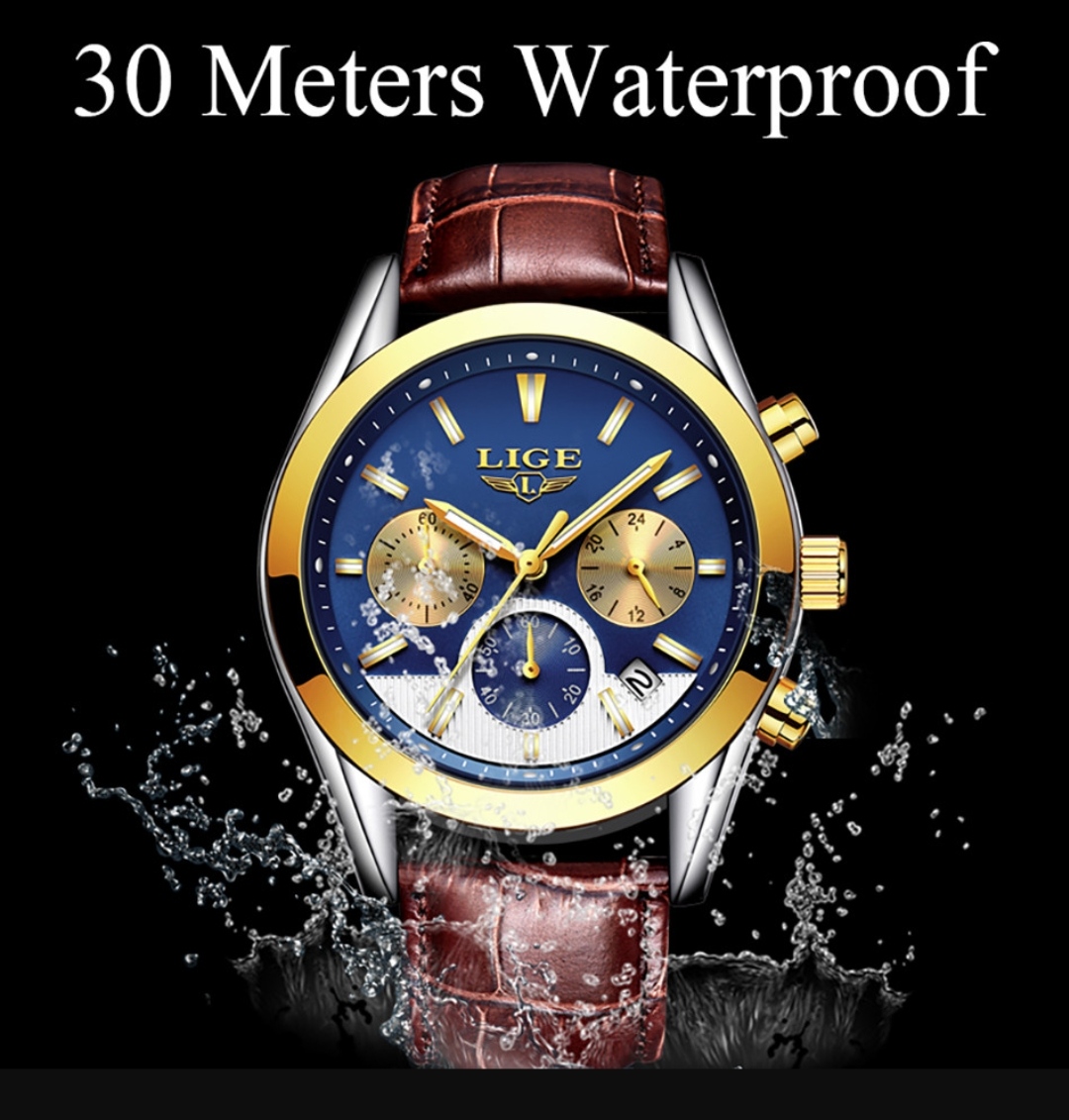 LIGE 9872 Gents Belt Watch- Blue+Golden+White Dial- Golden Bezel- Leather Color Belt- TF Code LG434BM_img_2