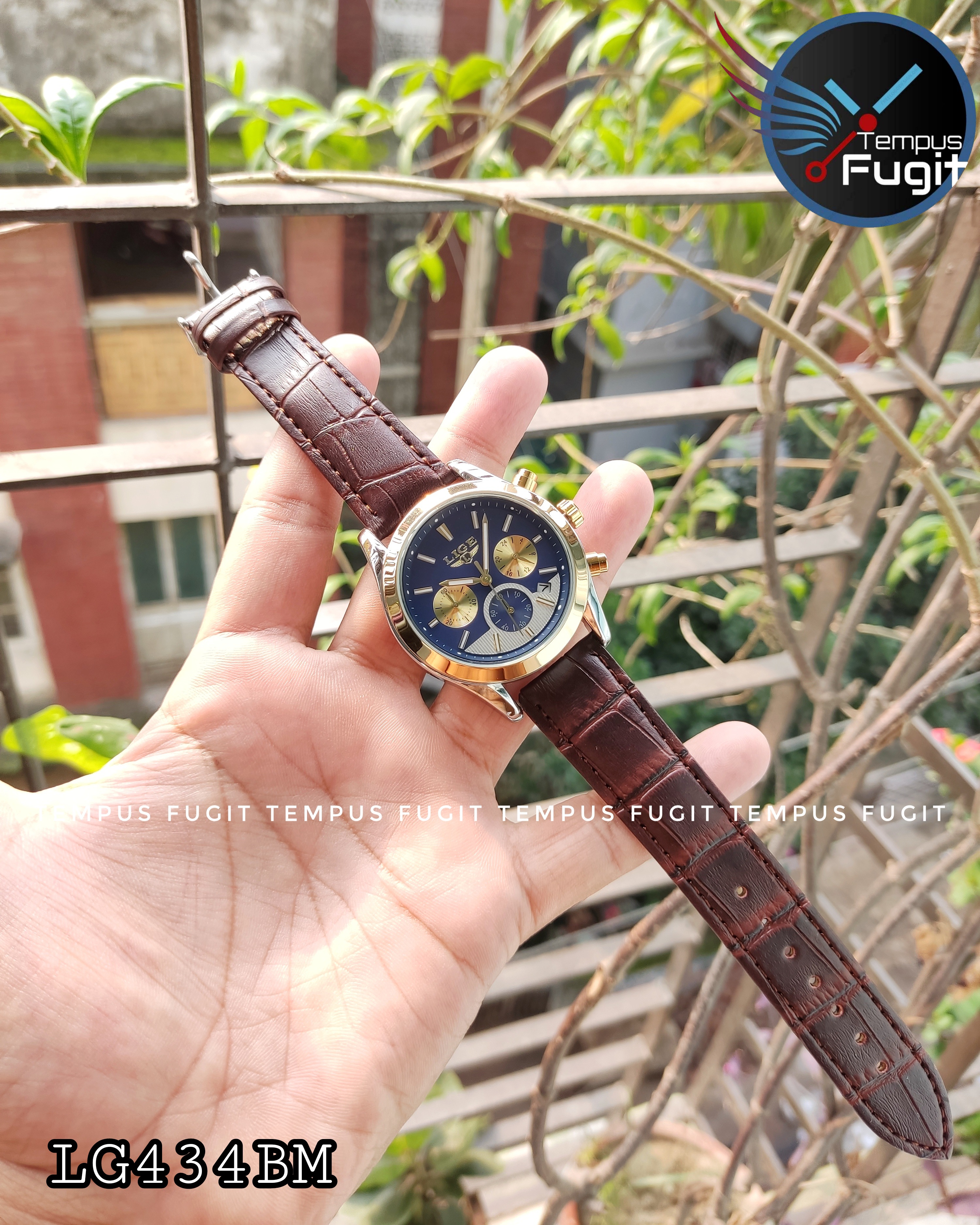 LIGE 9872 Gents Belt Watch- Blue+Golden+White Dial- Golden Bezel- Leather Color Belt- TF Code LG434BM_img_3