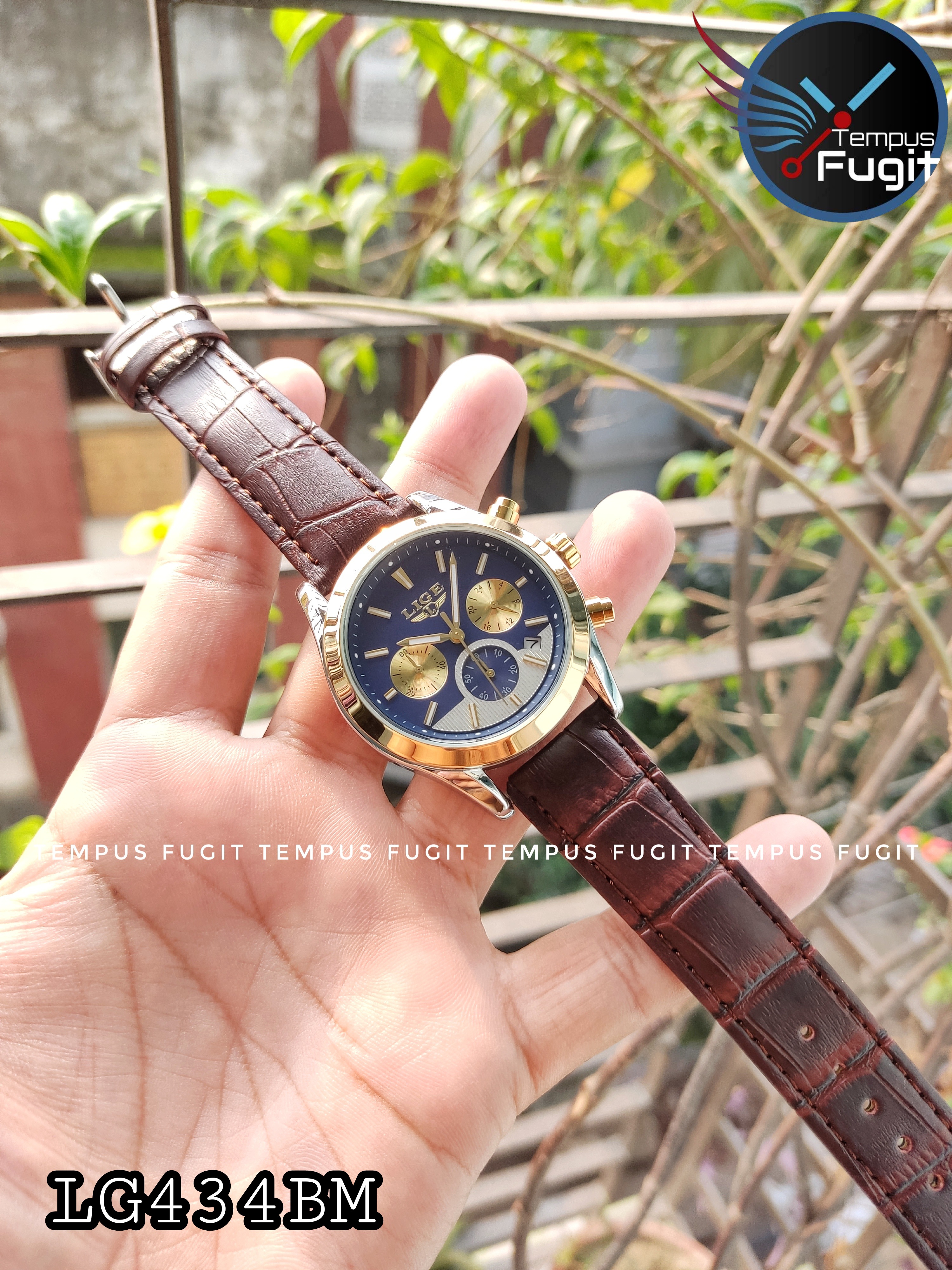LIGE 9872 Gents Belt Watch- Blue+Golden+White Dial- Golden Bezel- Leather Color Belt- TF Code LG434BM_img_4