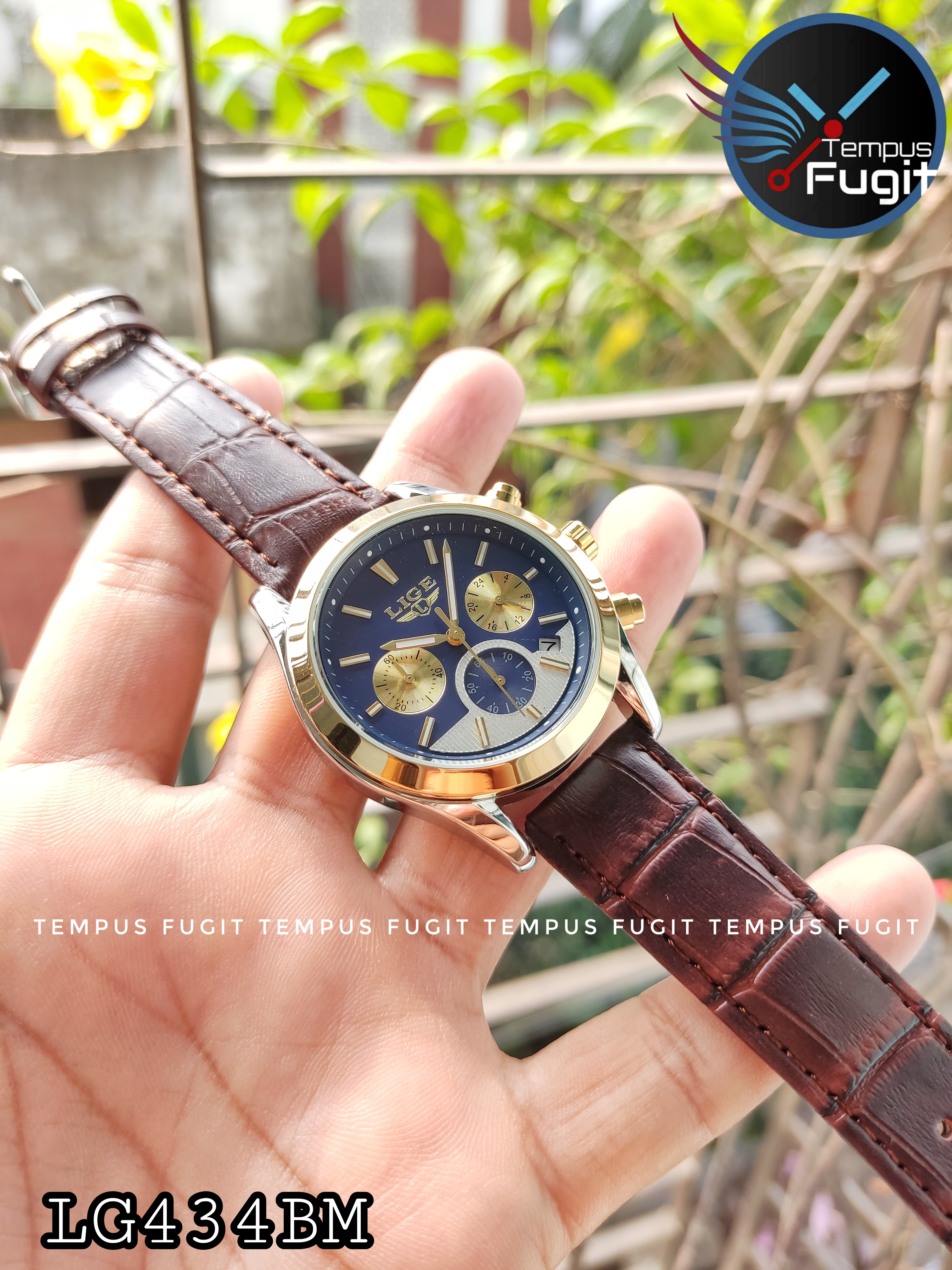 LIGE 9872 Gents Belt Watch- Blue+Golden+White Dial- Golden Bezel- Leather Color Belt- TF Code LG434BM_img_5