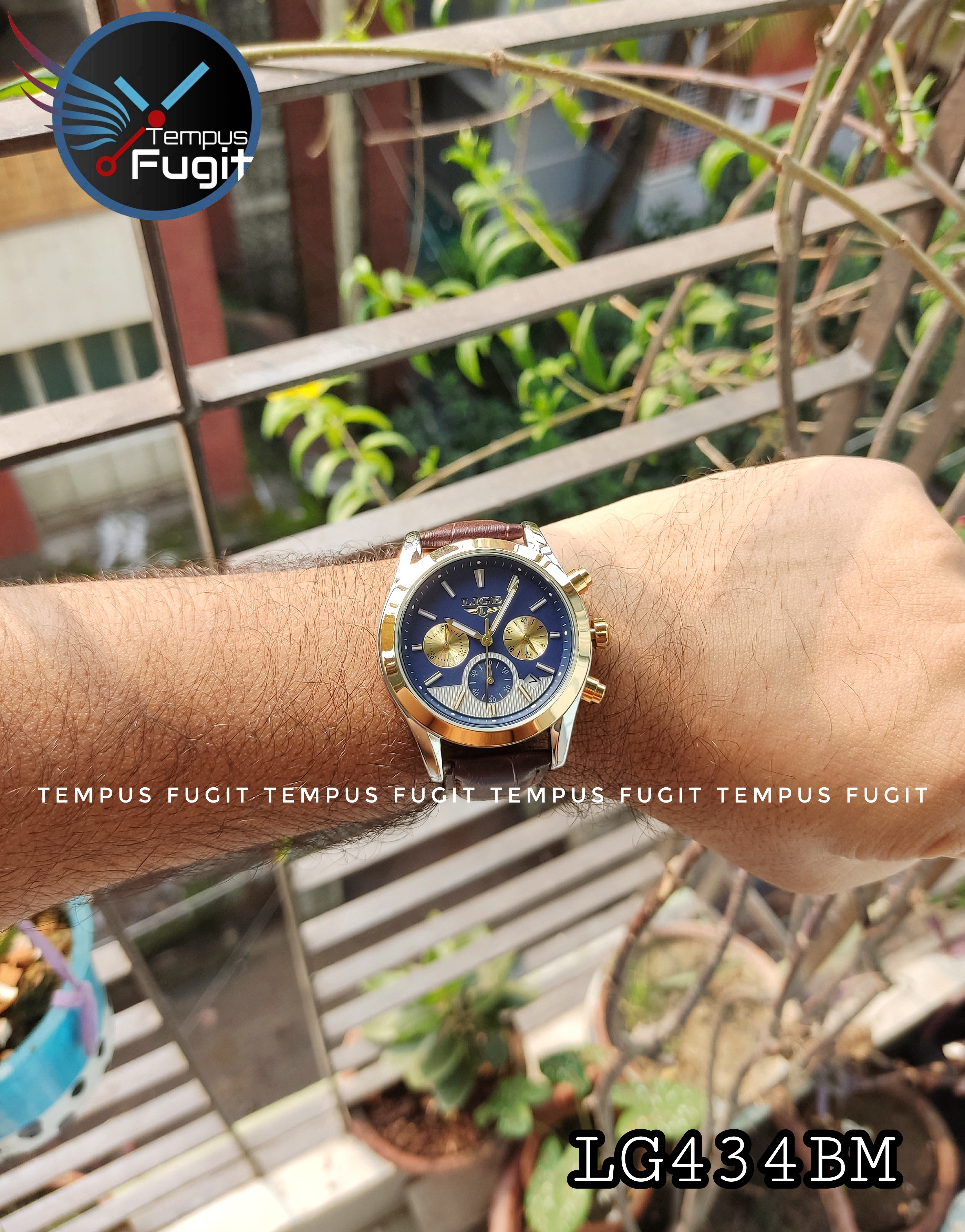 LIGE 9872 Gents Belt Watch- Blue+Golden+White Dial- Golden Bezel- Leather Color Belt- TF Code LG434BM_img_6