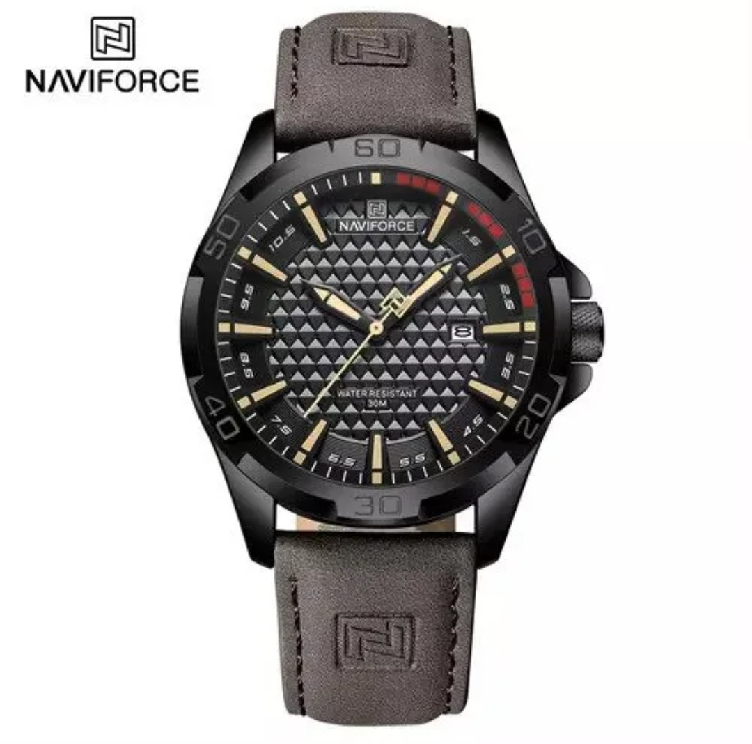 Naviforce 8023 Gents Belt Watch- Black Dial with Yellow Markings- Black Bezel- Chocolate  Belt- TF Code NF828BM_img_0