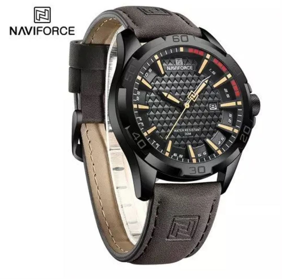 Naviforce 8023 Gents Belt Watch- Black Dial with Yellow Markings- Black Bezel- Chocolate  Belt- TF Code NF828BM_img_1