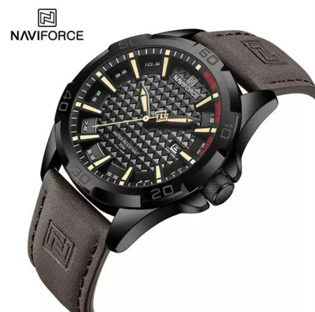 Naviforce 8023 Gents Belt Watch- Black Dial with Yellow Markings- Black Bezel- Chocolate  Belt- TF Code NF828BM_img_2