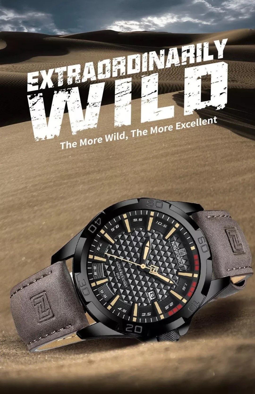 Naviforce 8023 Gents Belt Watch- Black Dial with Yellow Markings- Black Bezel- Chocolate  Belt- TF Code NF828BM_img_3