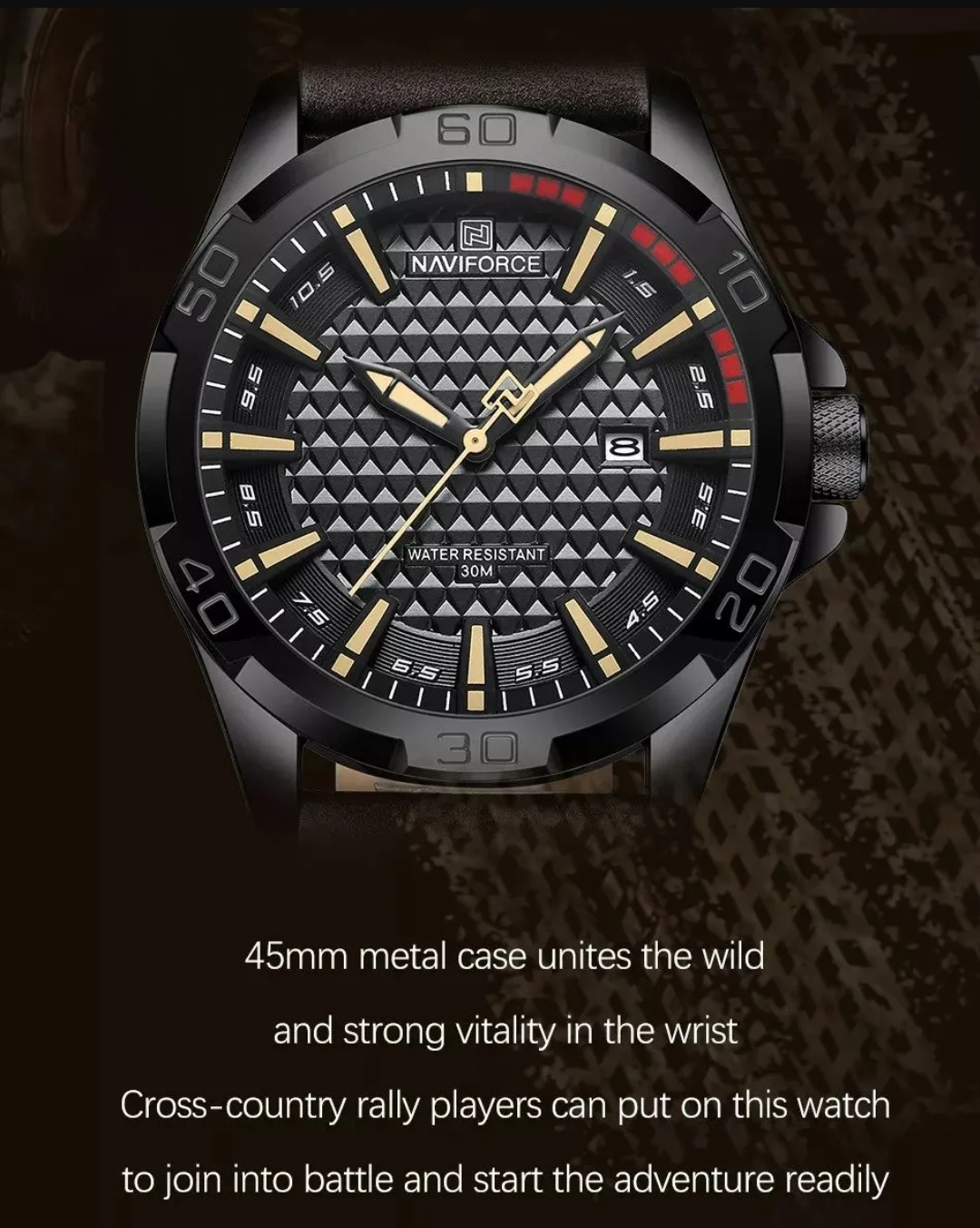 Naviforce 8023 Gents Belt Watch- Black Dial with Yellow Markings- Black Bezel- Chocolate  Belt- TF Code NF828BM_img_4