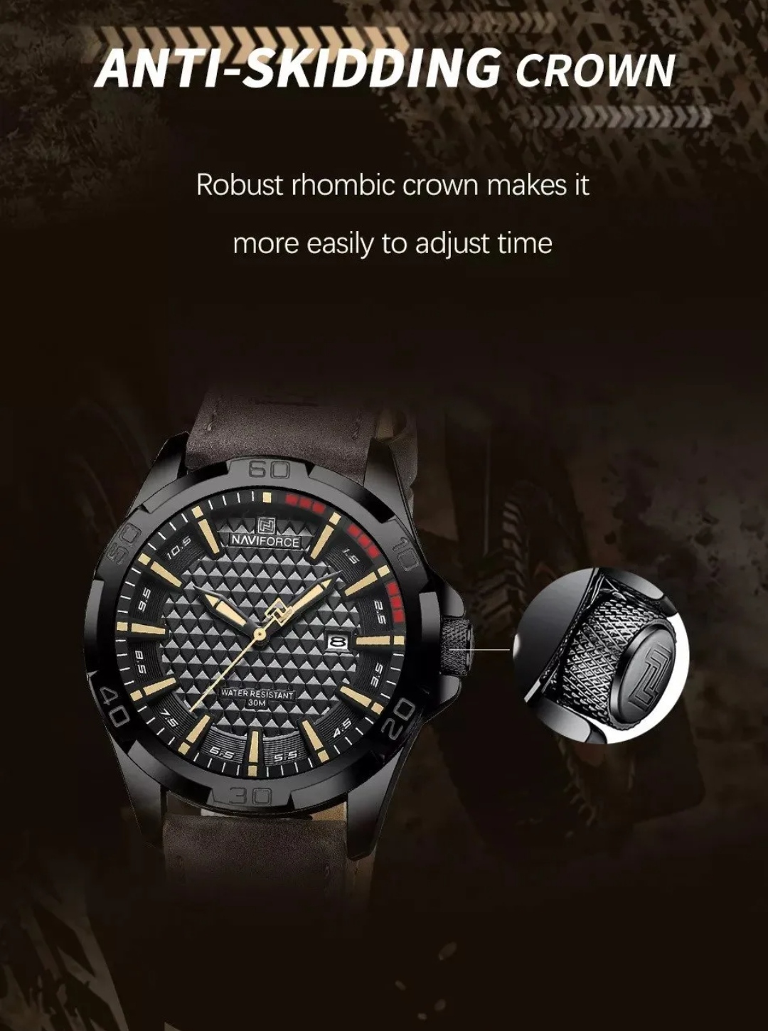 Naviforce 8023 Gents Belt Watch- Black Dial with Yellow Markings- Black Bezel- Chocolate  Belt- TF Code NF828BM_img_5